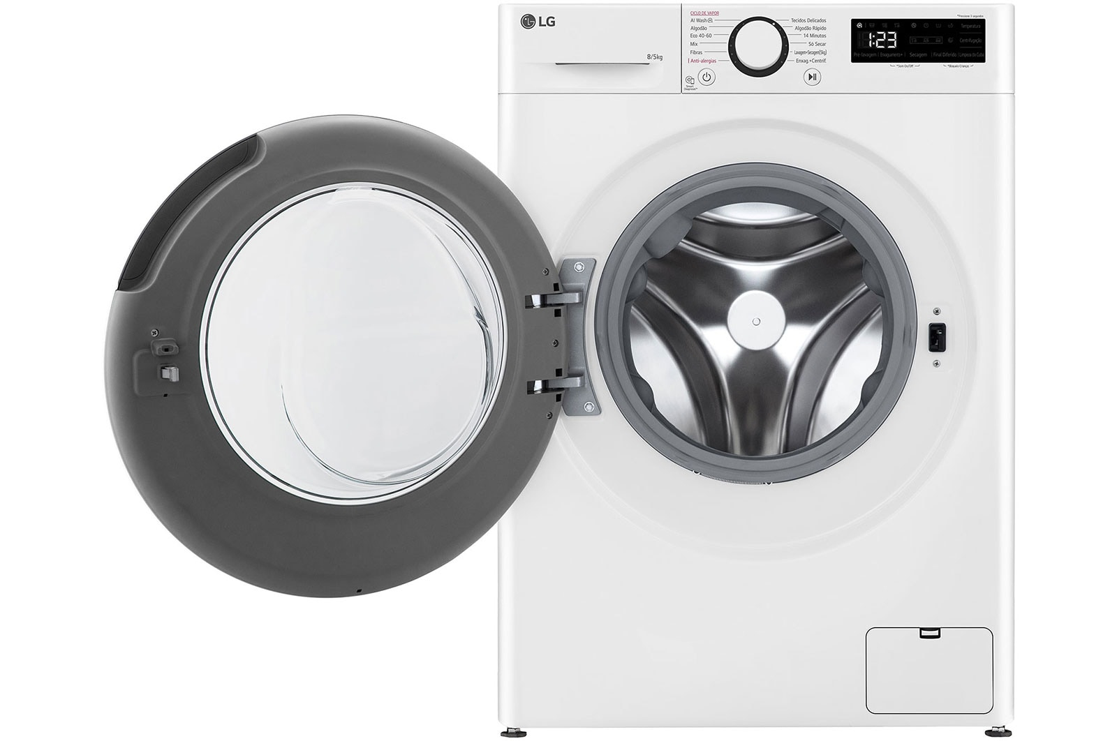 Eine weiße LG Waschmaschine mit geöffneter Tür, die Trommel und das Bedienfeld zeigt.