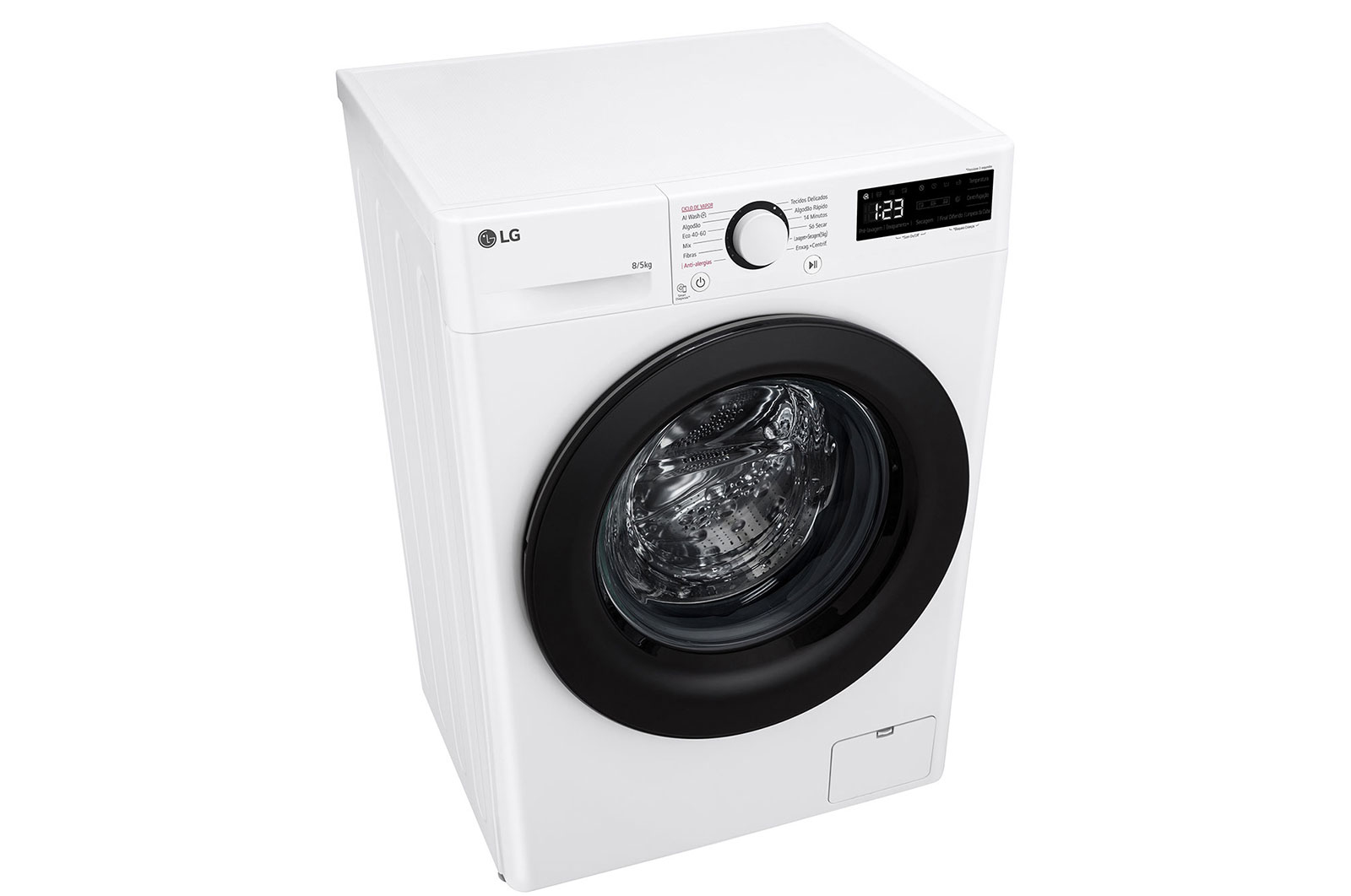 Weiße LG-Waschmaschine mit schwarzer Tür. Draufsicht. Weißer Hintergrund.