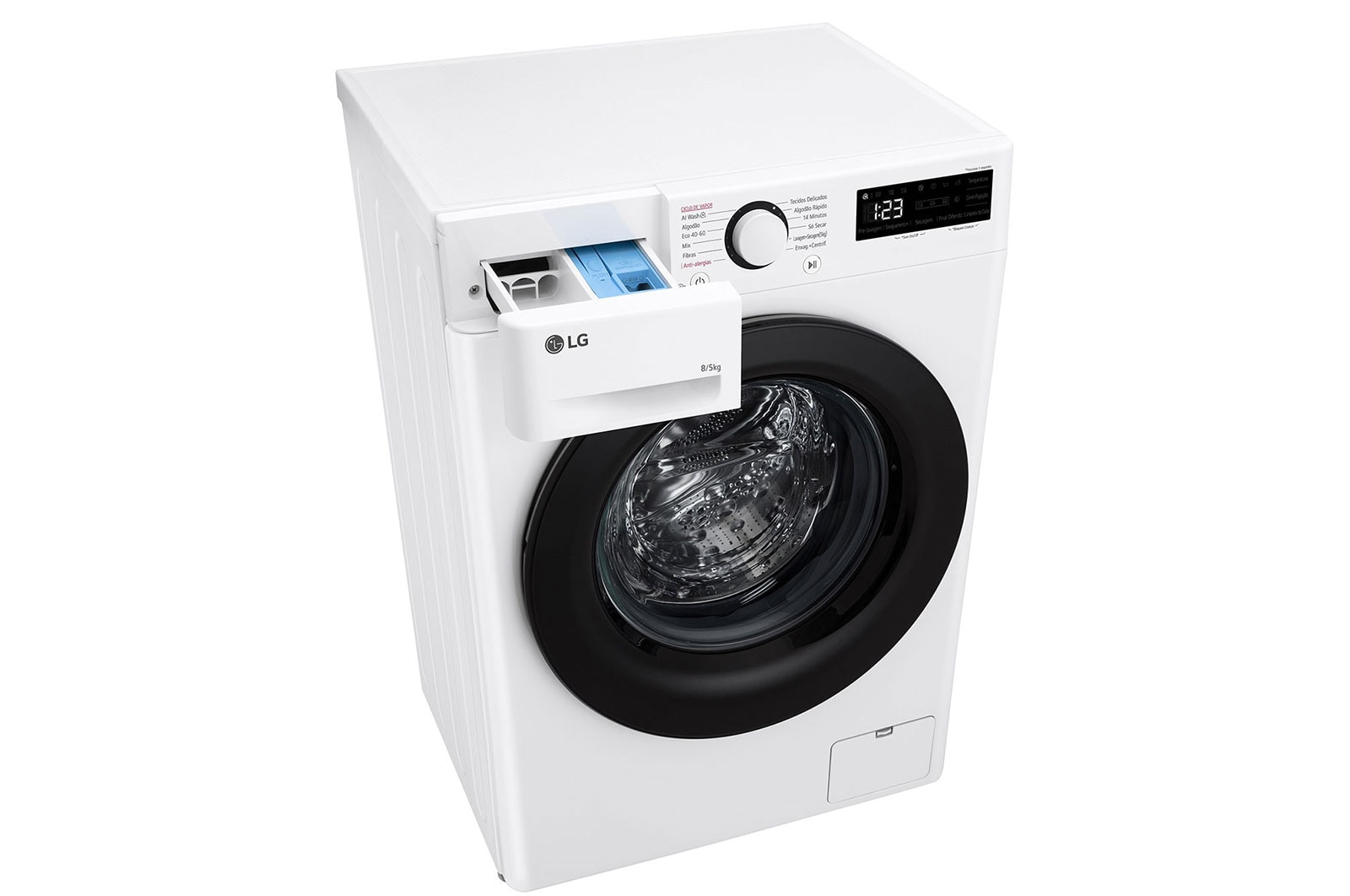 Weiße LG Waschmaschine, Draufsicht, offene Waschmittelschublade.