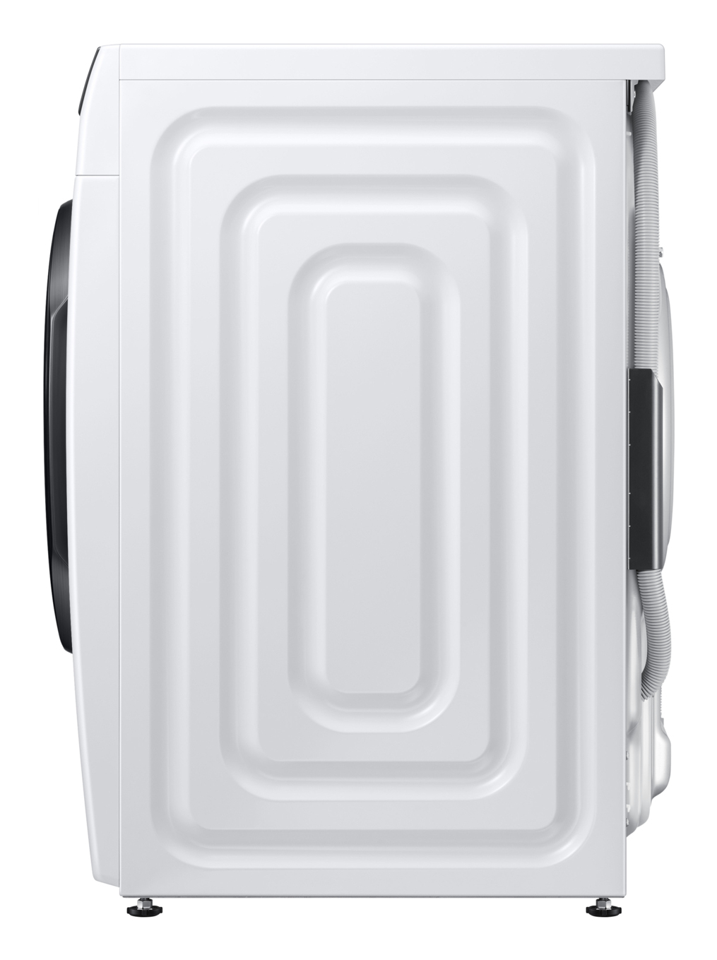 Zijaanzicht van een witte wasmachine die het achterpaneel met ontwerpdetails toont.