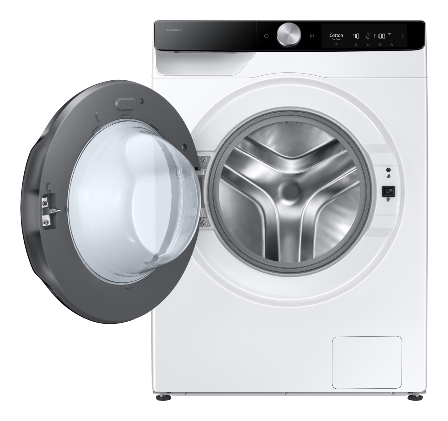 Witte Samsung wasmachine met een open deur, die de trommel onthult.