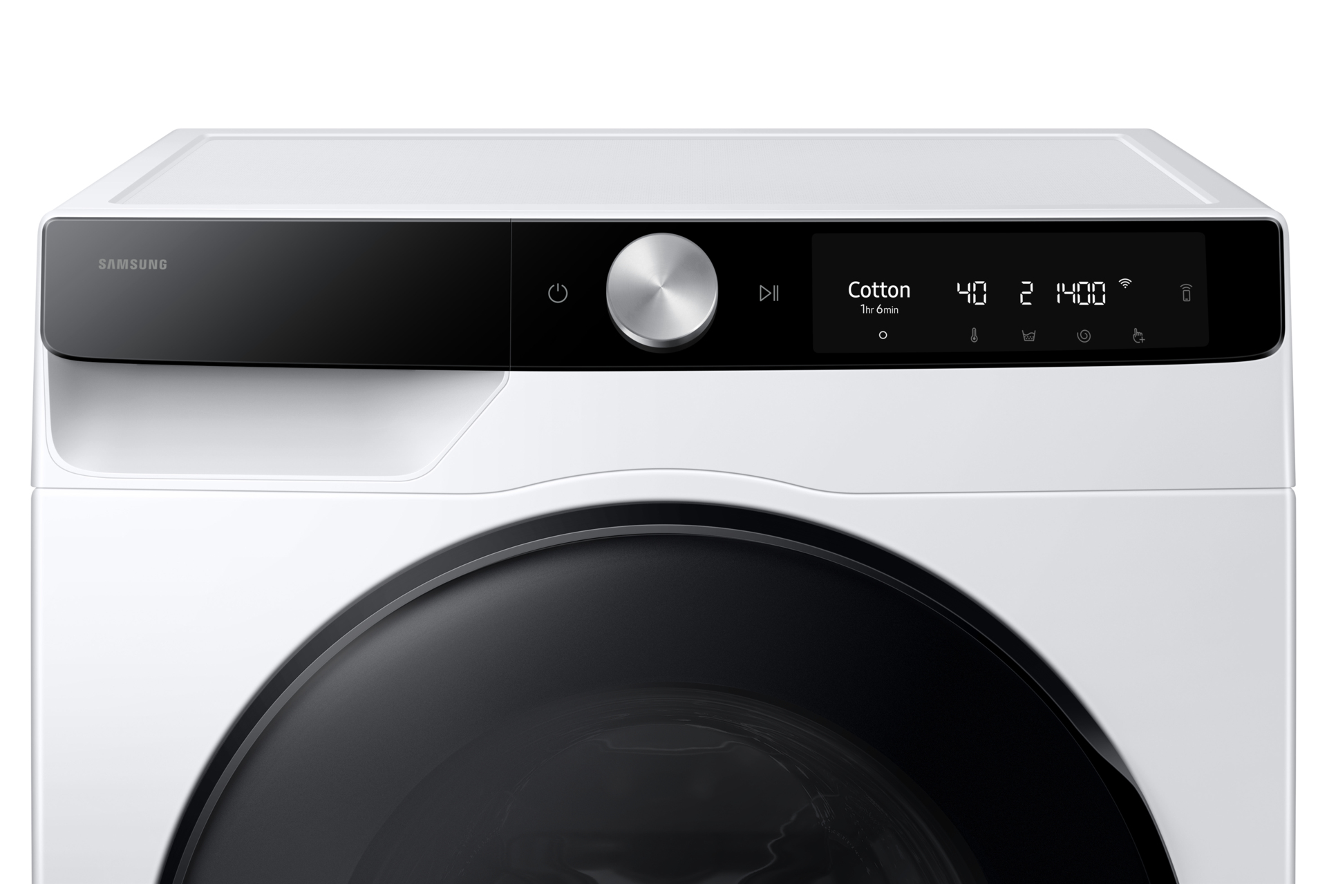 Een close-up van een wit Samsung wasmachine bedieningspaneel, met een display.