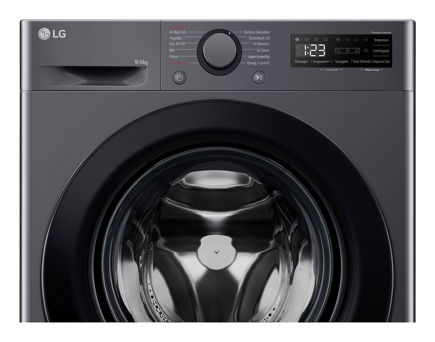 Primer plano del panel de control gris oscuro de una lavadora LG con dial, pantalla y botones.