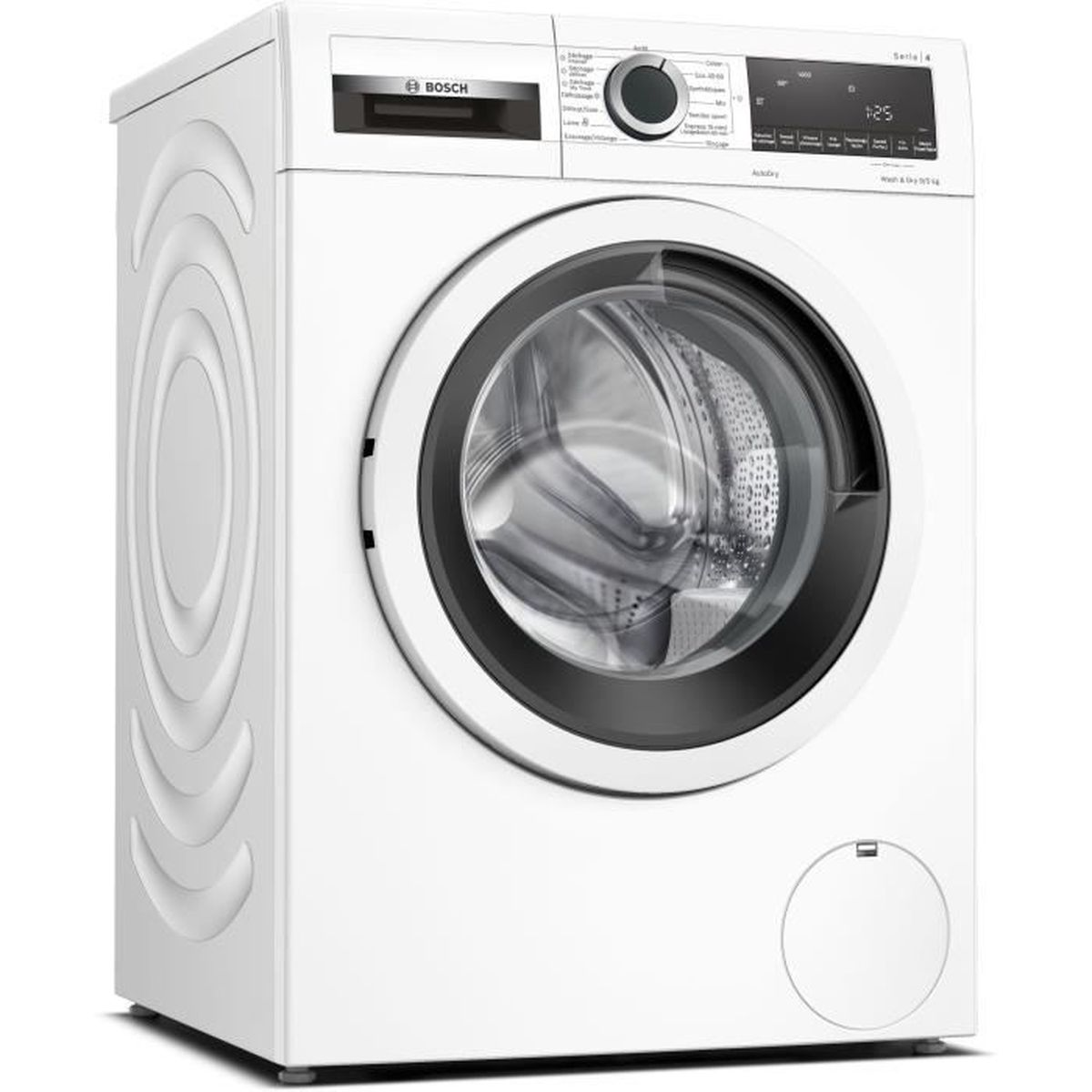 Weiße Bosch Waschmaschine, mit schwarzer Tür und Bedienfeld.