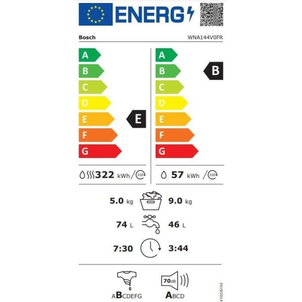 Ein Energielabel für eine Bosch Waschmaschine, das Energieeffizienzklassen und Verbrauchsinformationen zeigt.