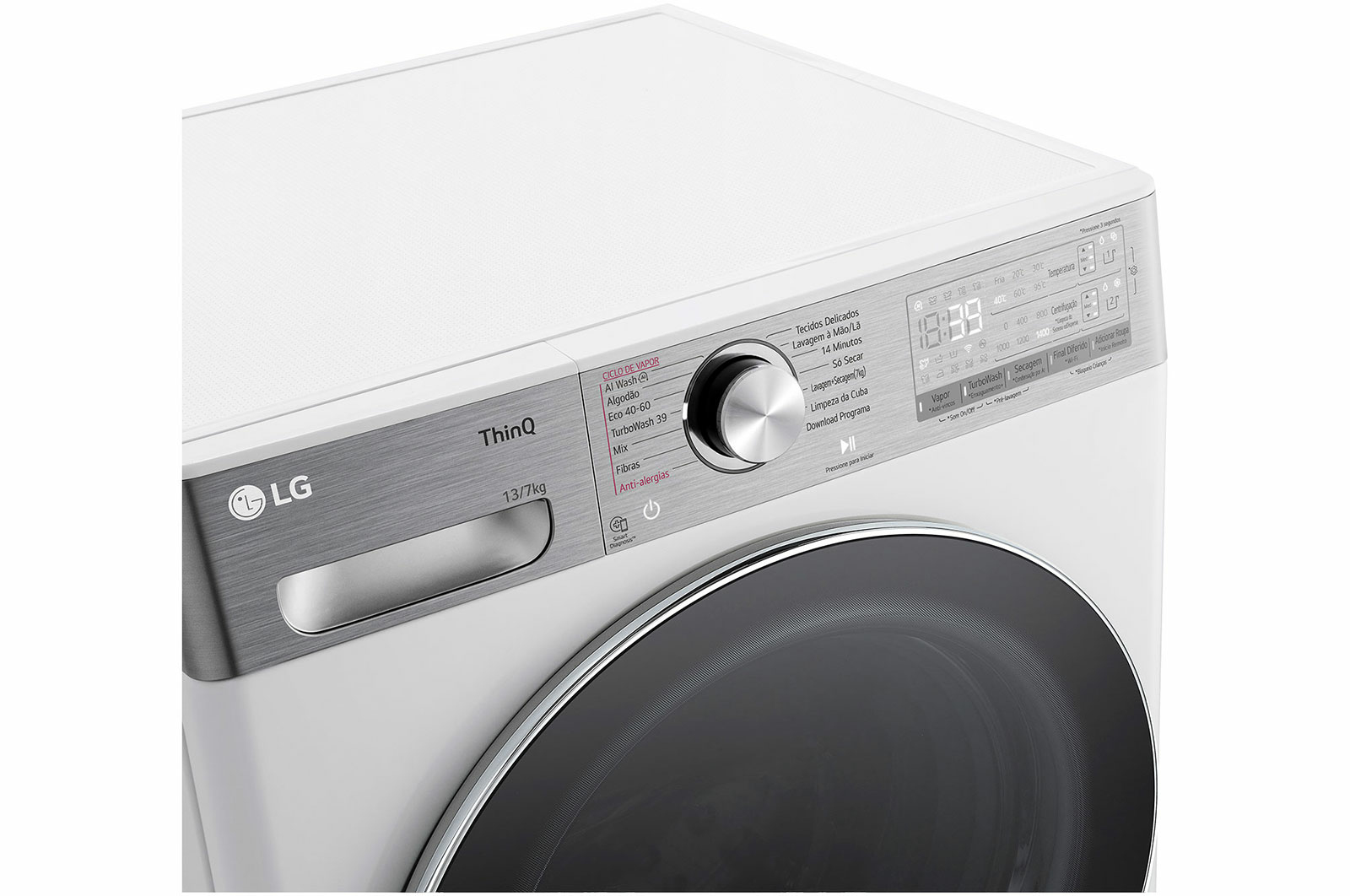 Nahaufnahme des Bedienfelds einer weißen LG Waschmaschine mit Drehknopf und Digitalanzeige.