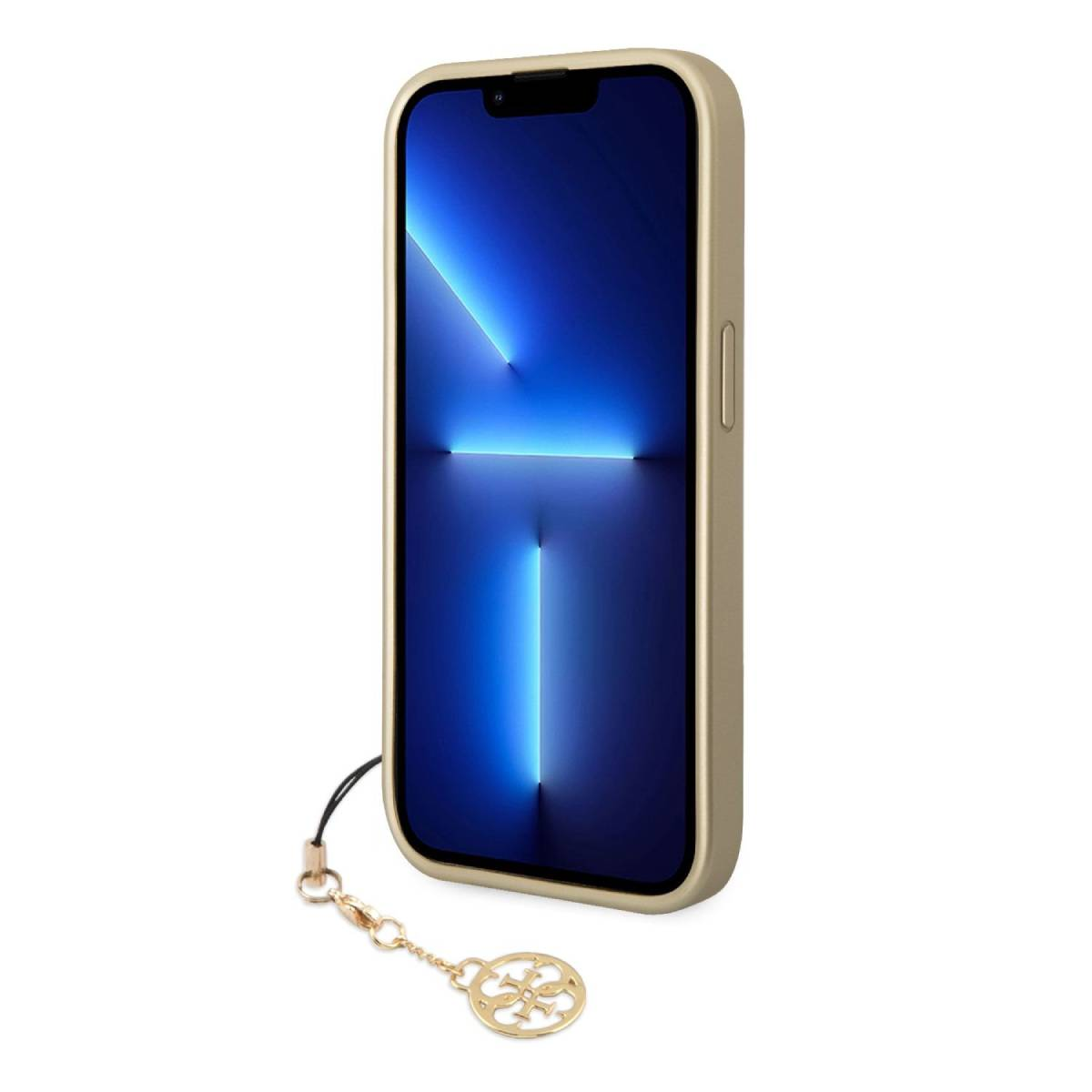 Goldenes Telefon in goldener Hülle. Blauer Bildschirm mit Lichteffekt. Goldene Kette.