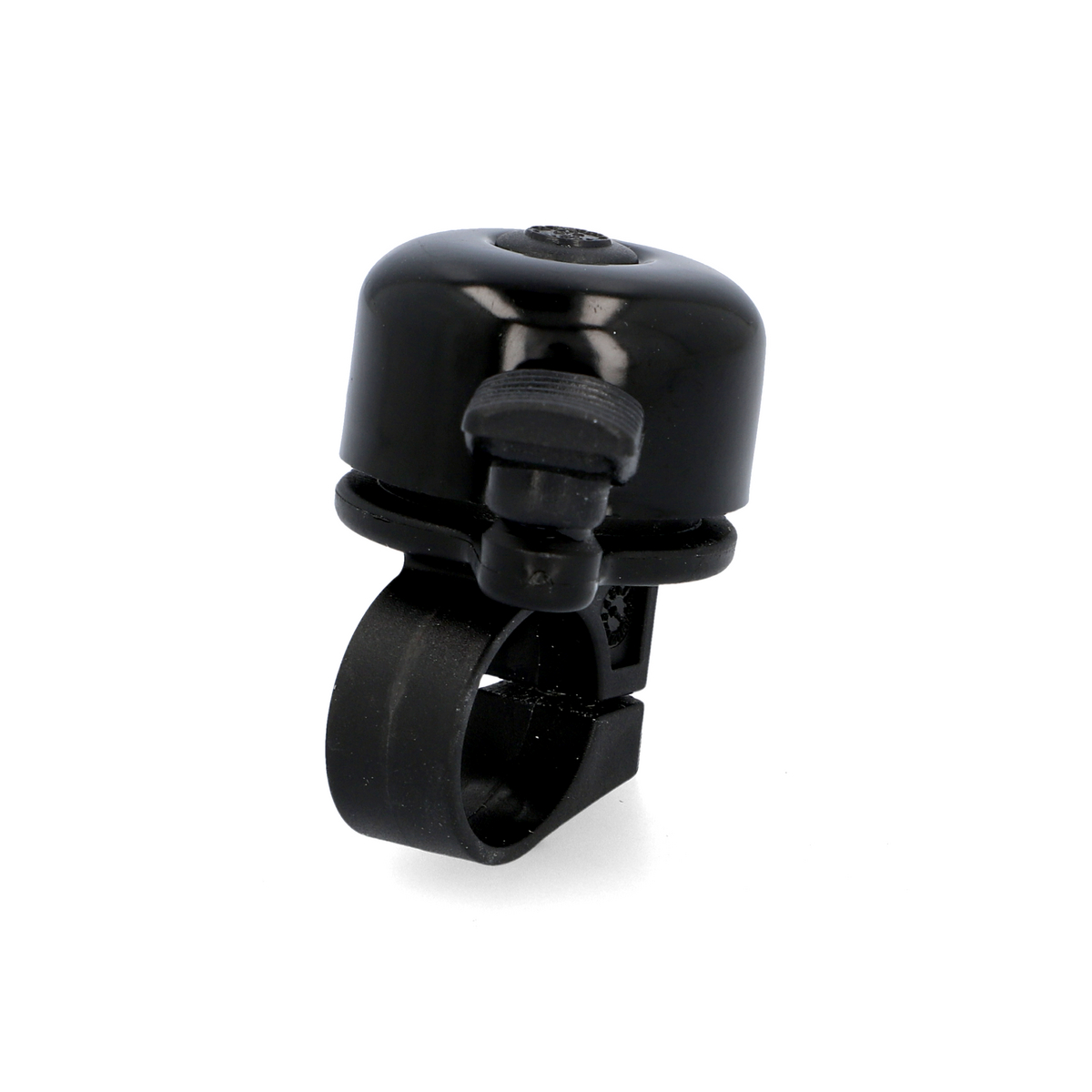 Eine schwarze Fahrradklingel mit einer Glocke und einem Ring für den Lenker.