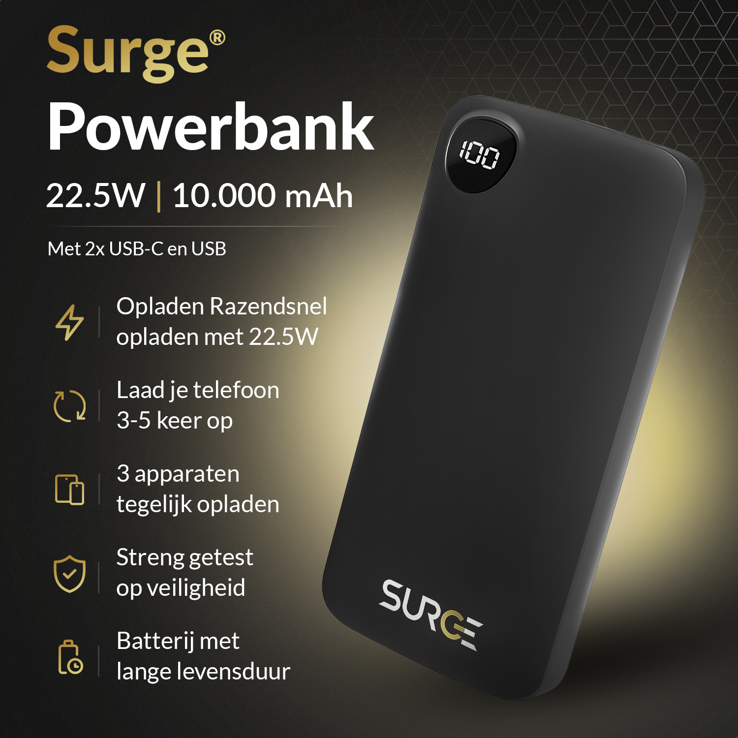 Black powerbank with text and icons. It has a display showing '100'.