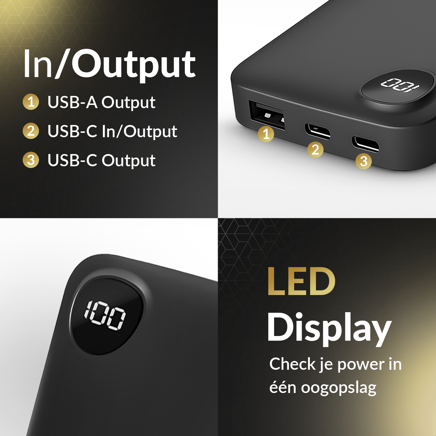 Close-up of a black power bank with USB ports and a digital display showing 100.