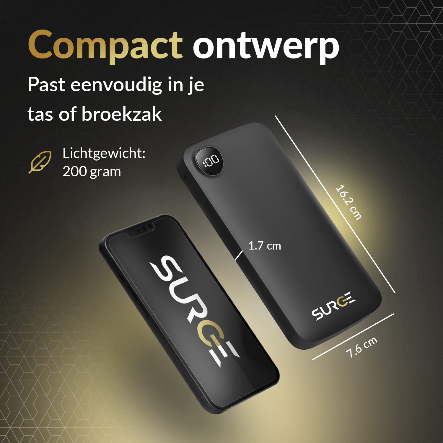 Black power bank and phone, showing compact design with dimensions and text.
