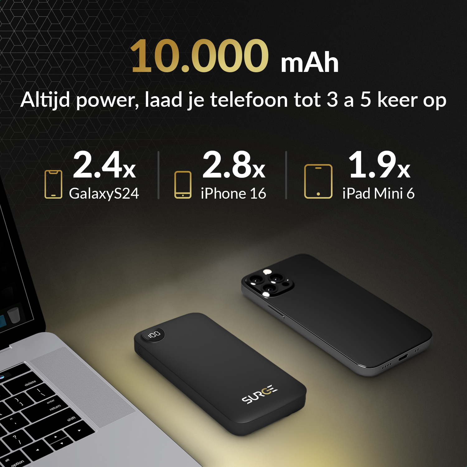 Black power bank with phone and a laptop. Text indicates power capacity and phone charging.