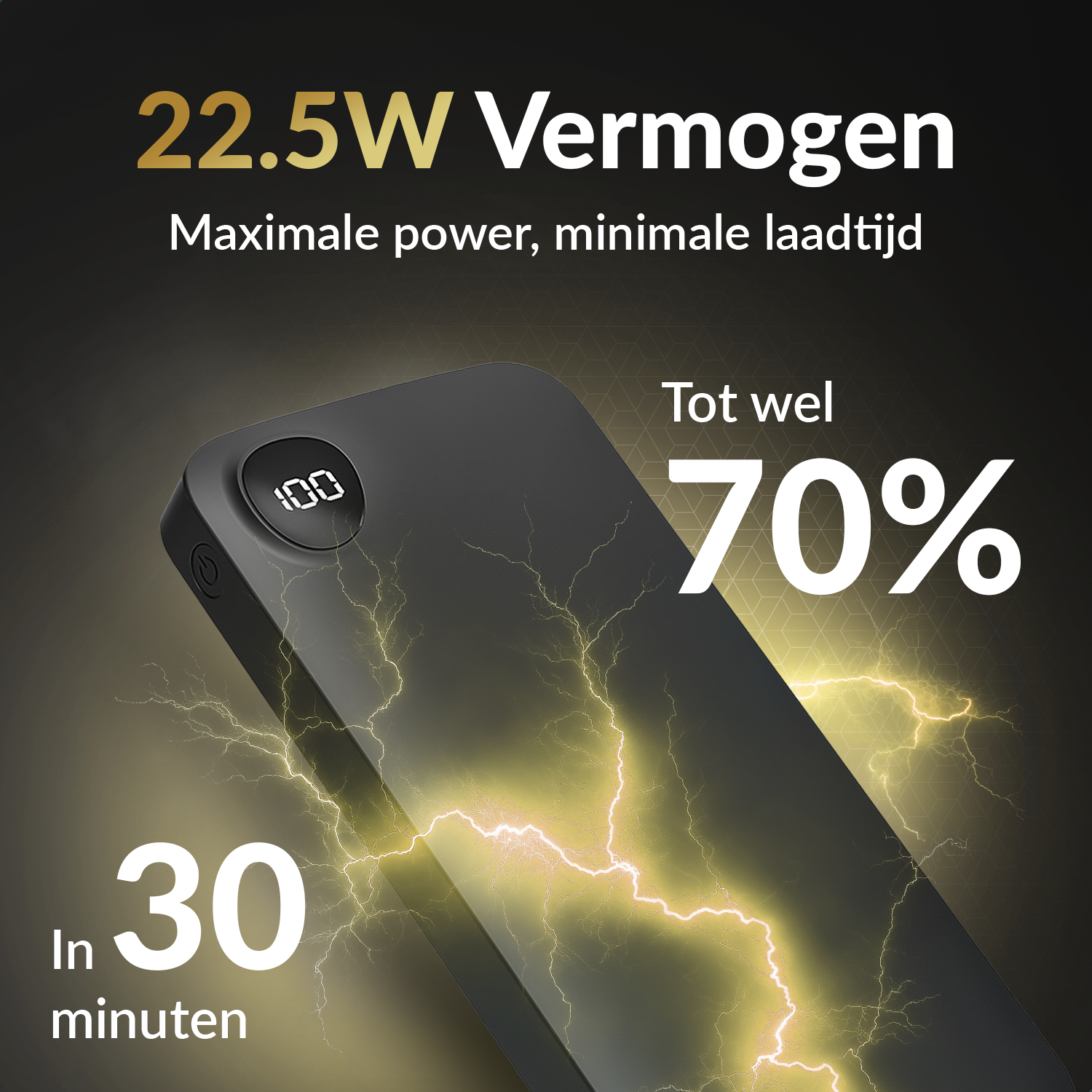 Black power bank with digital display showing 100%. Text reads: 'Max power, min time'. Lightning effect.
