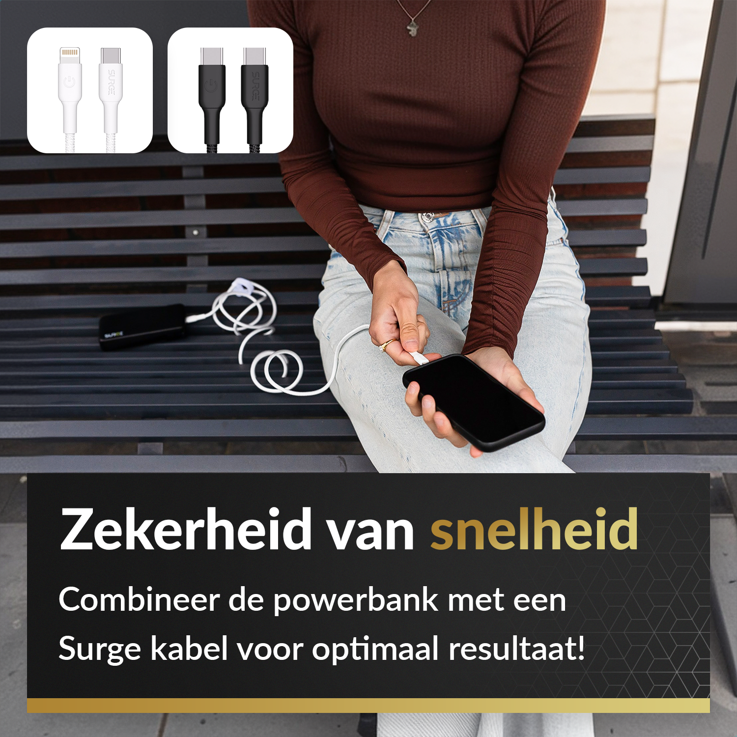 Woman using a charging cable with a phone, near a power bank. Text: Speed Safety.