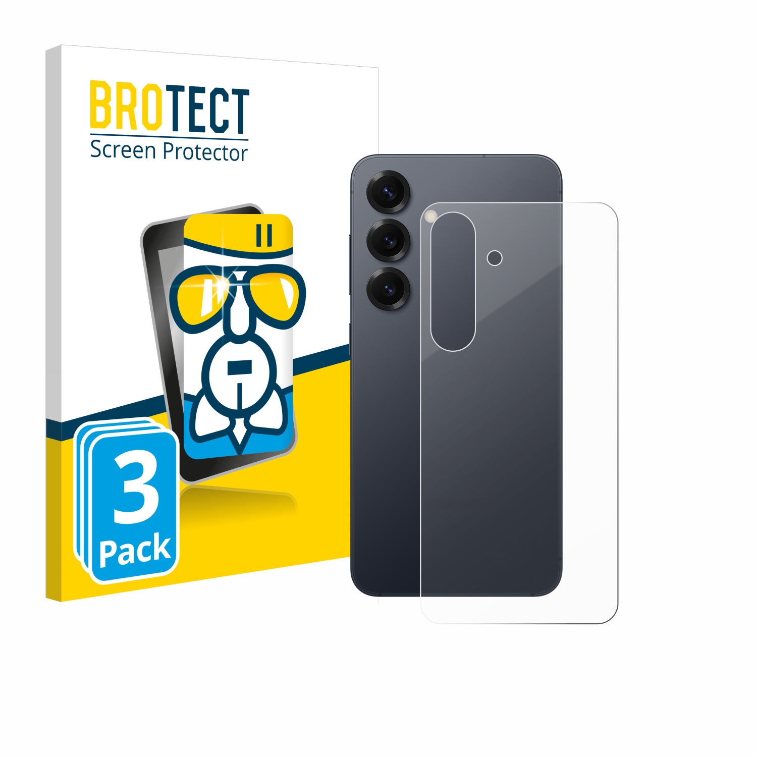 Telefon, Displayschutzfolien-Packung und ein Telefon. Die Box ist weiß, der Schutz klar.