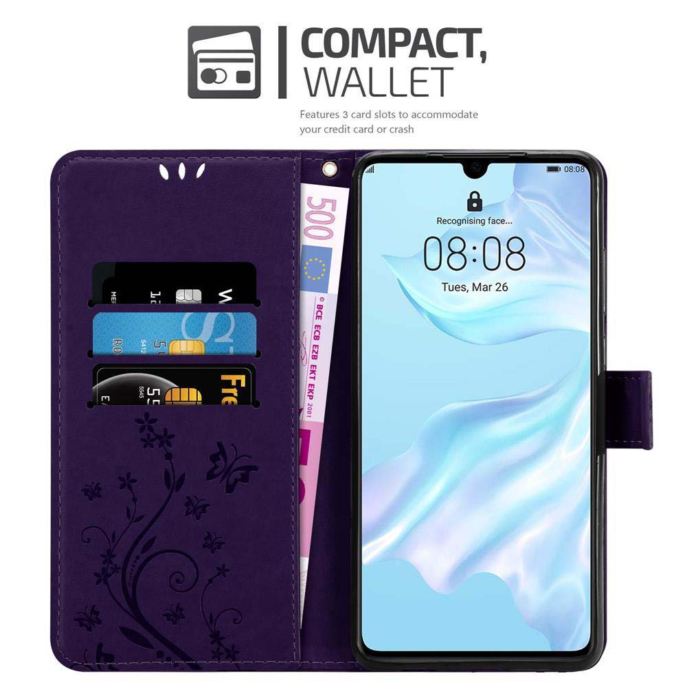 Una custodia per telefono viola a portafoglio con un telefono che mostra l'ora. All'interno ci sono carte di credito e contanti.