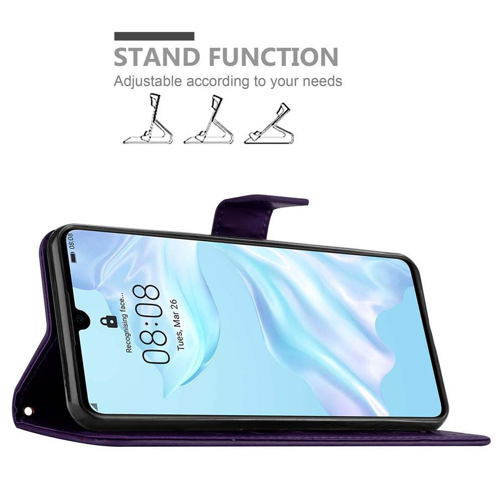 Un telefono che mostra uno schermo, in una custodia viola, con la funzione supporto mostrata sopra.