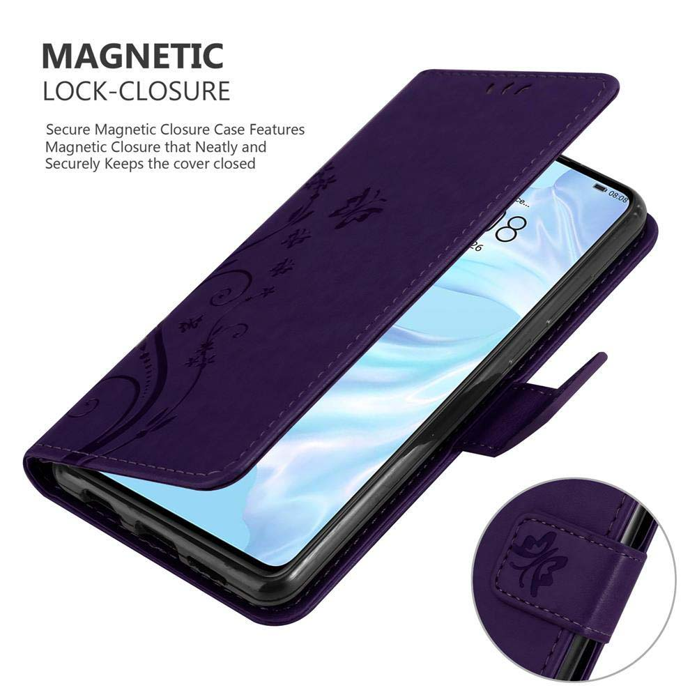 Custodia per telefono viola, aperta per rivelare un telefono. Primo piano della cover con design floreale.