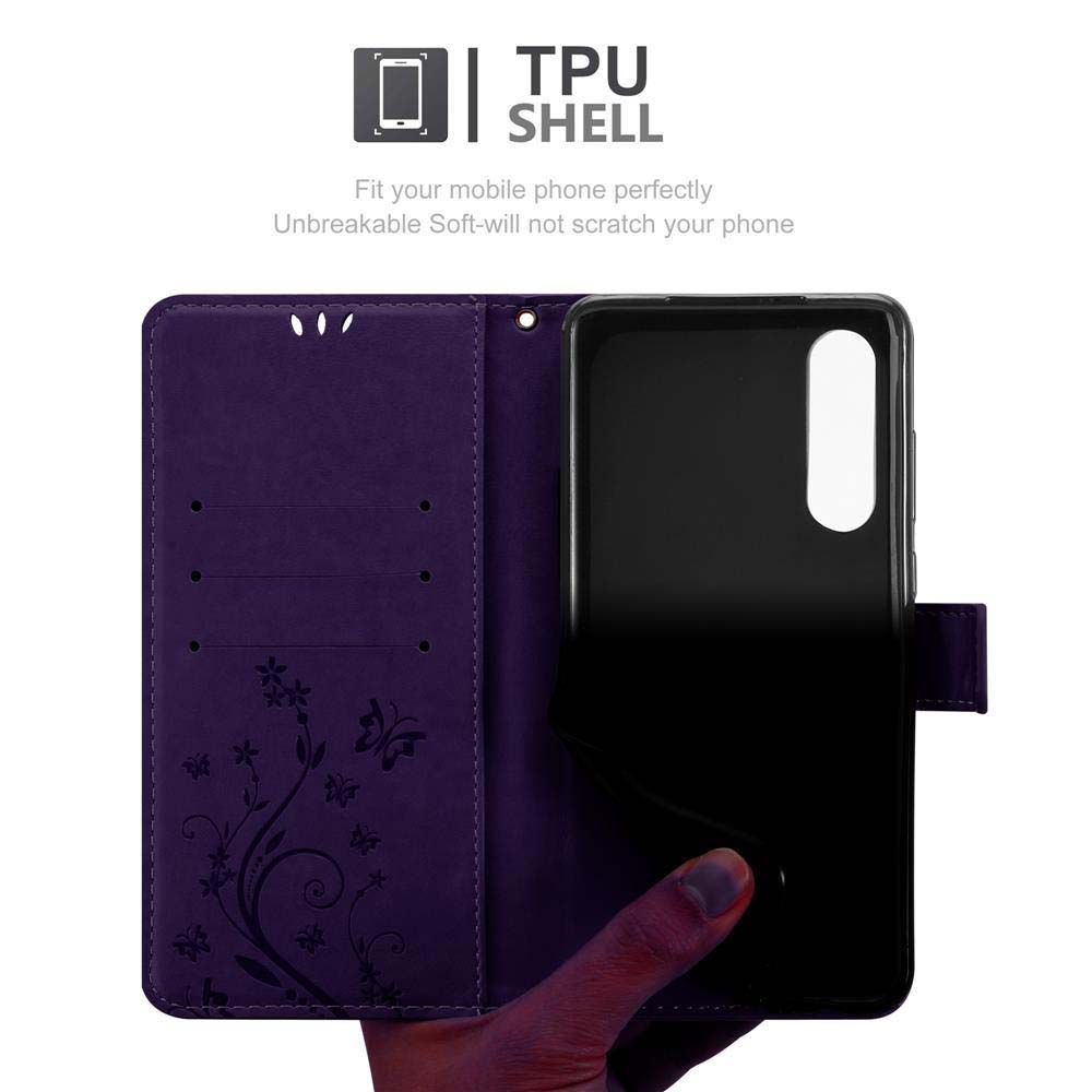 Custodia viola aperta, con telefono all'interno e design floreale.