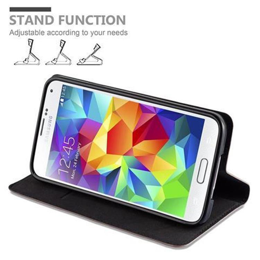 Teléfono en funda negra, plegado. Texto: función de soporte, ajustable. El teléfono muestra una pantalla colorida.