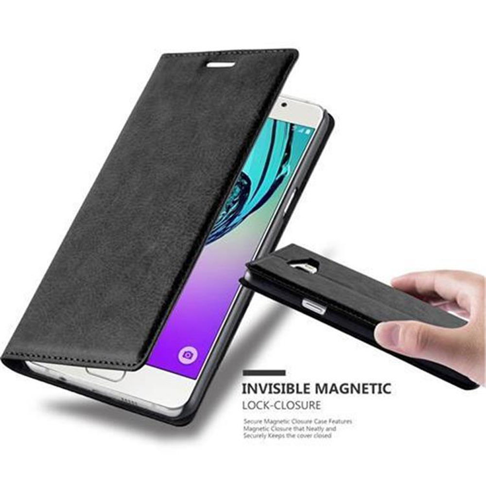 Funda de teléfono negra con vistas abierta y cerrada.