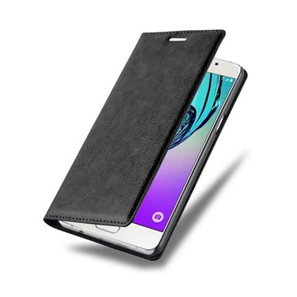 Funda negra para teléfono, abierta, revelando un teléfono blanco con lente de cámara.