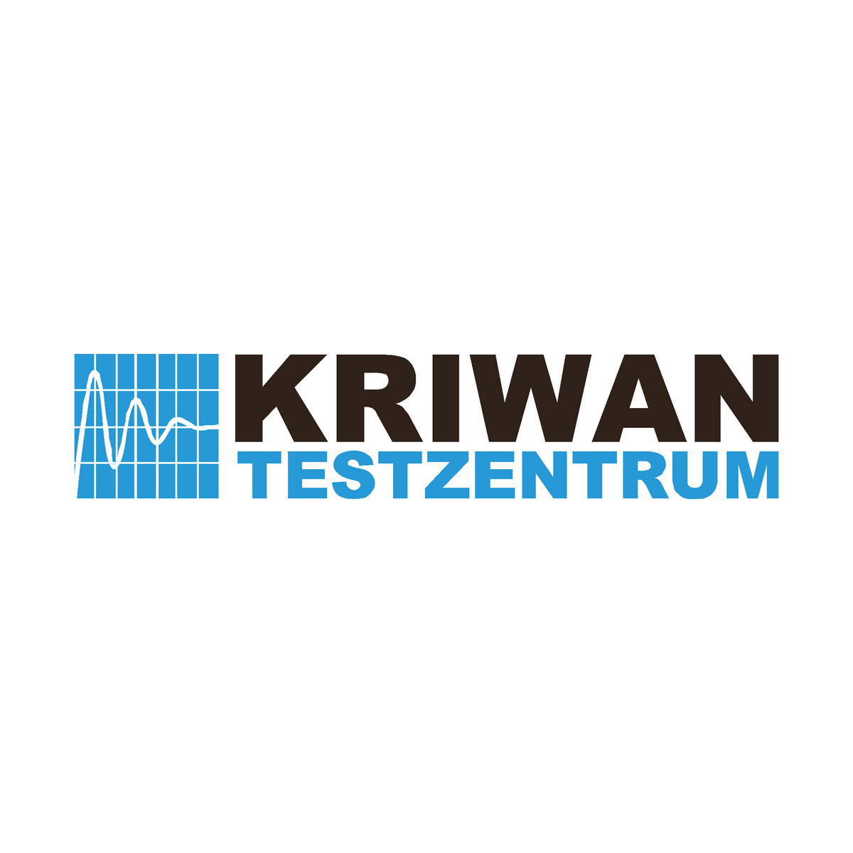Logo von Kriwan Testzentrum, blaue Quadrate mit Wellenlinien und Text 'Kriwan Testzentrum'.