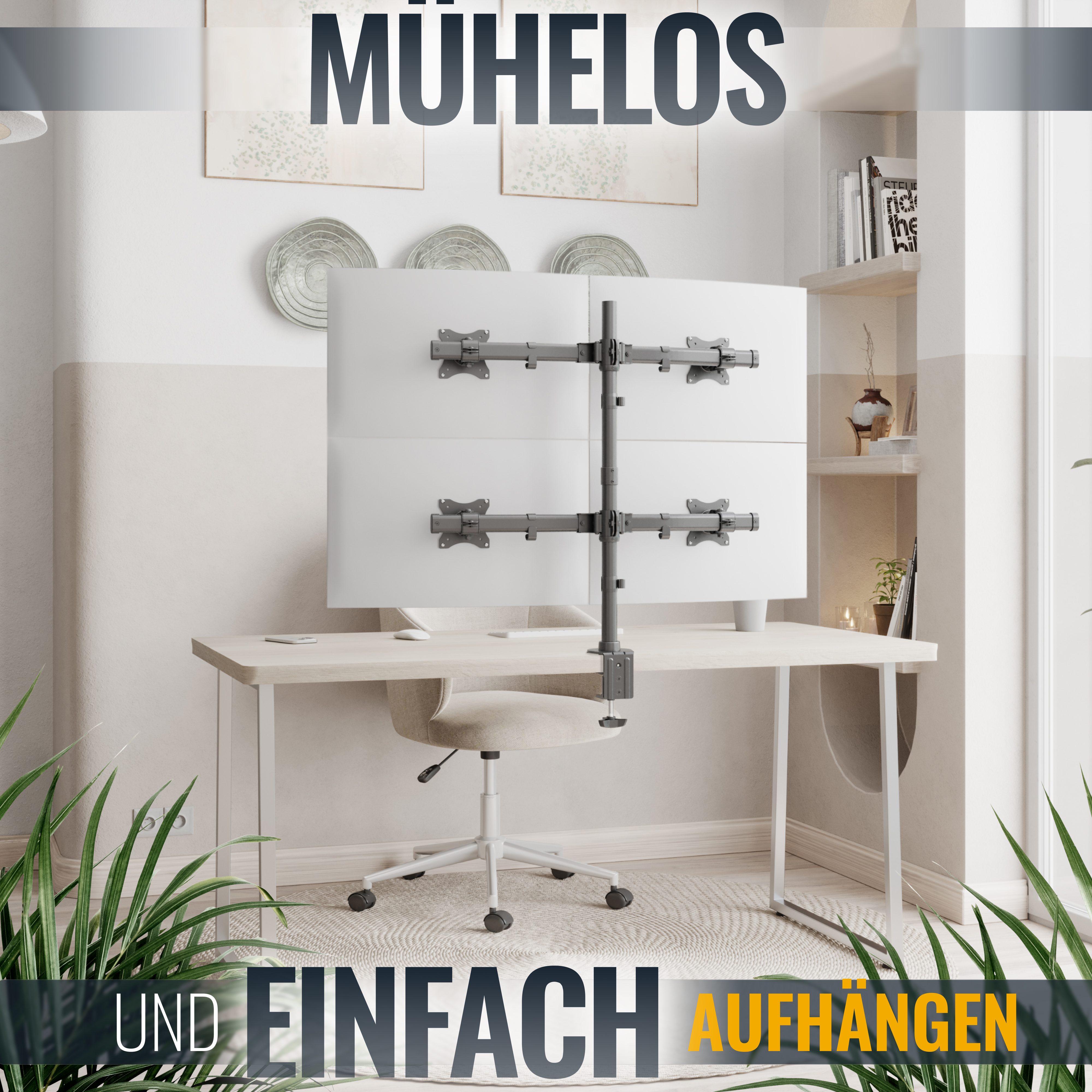 Weißer Schreibtisch mit Monitorhalterungen. Duale Monitore angezeigt. Text: MÜHELOS, UND EINFACH AUFHÄNGEN.