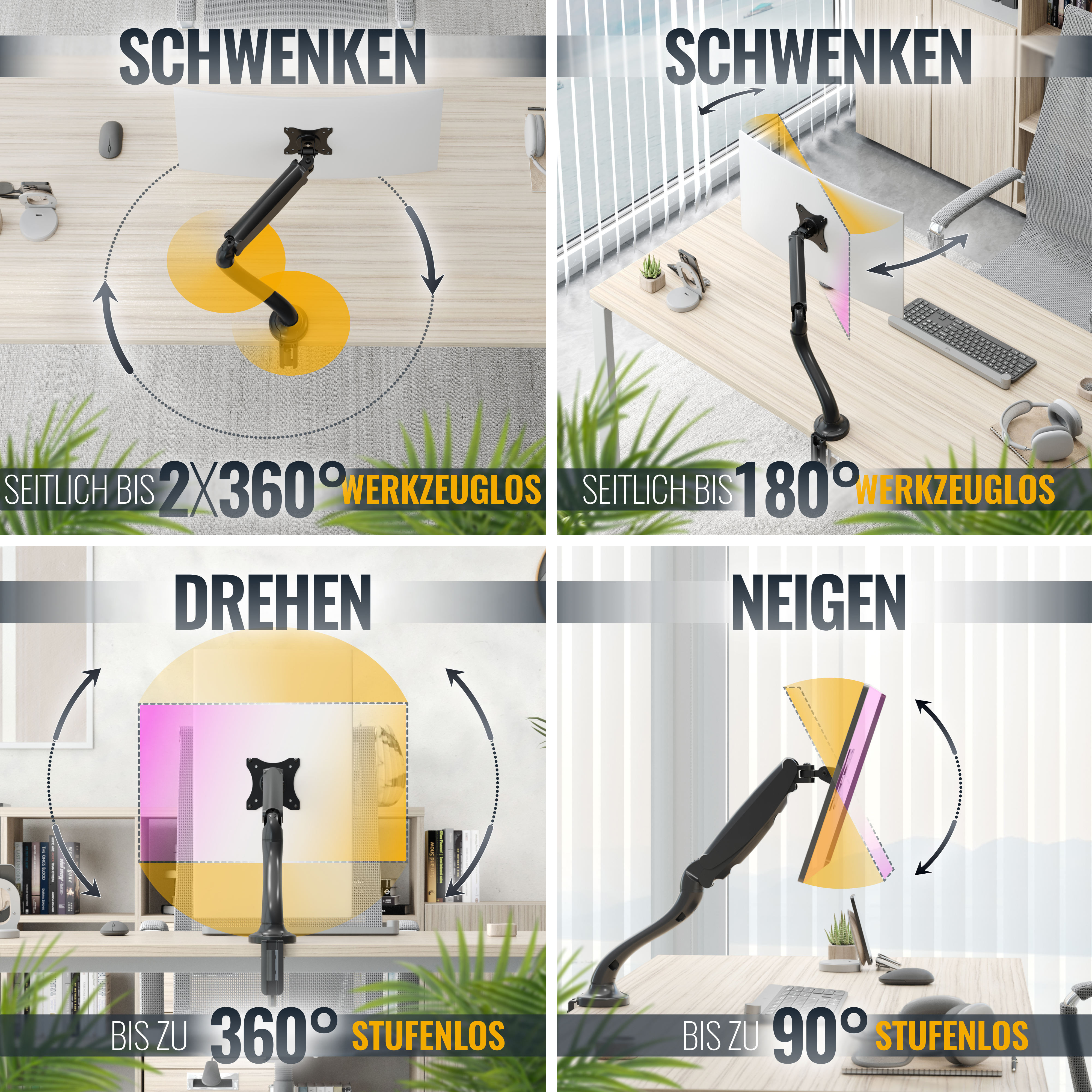 Vier Bilder zeigen Monitorarme beim Drehen und Neigen, mit deutschem Text zu den Funktionen.