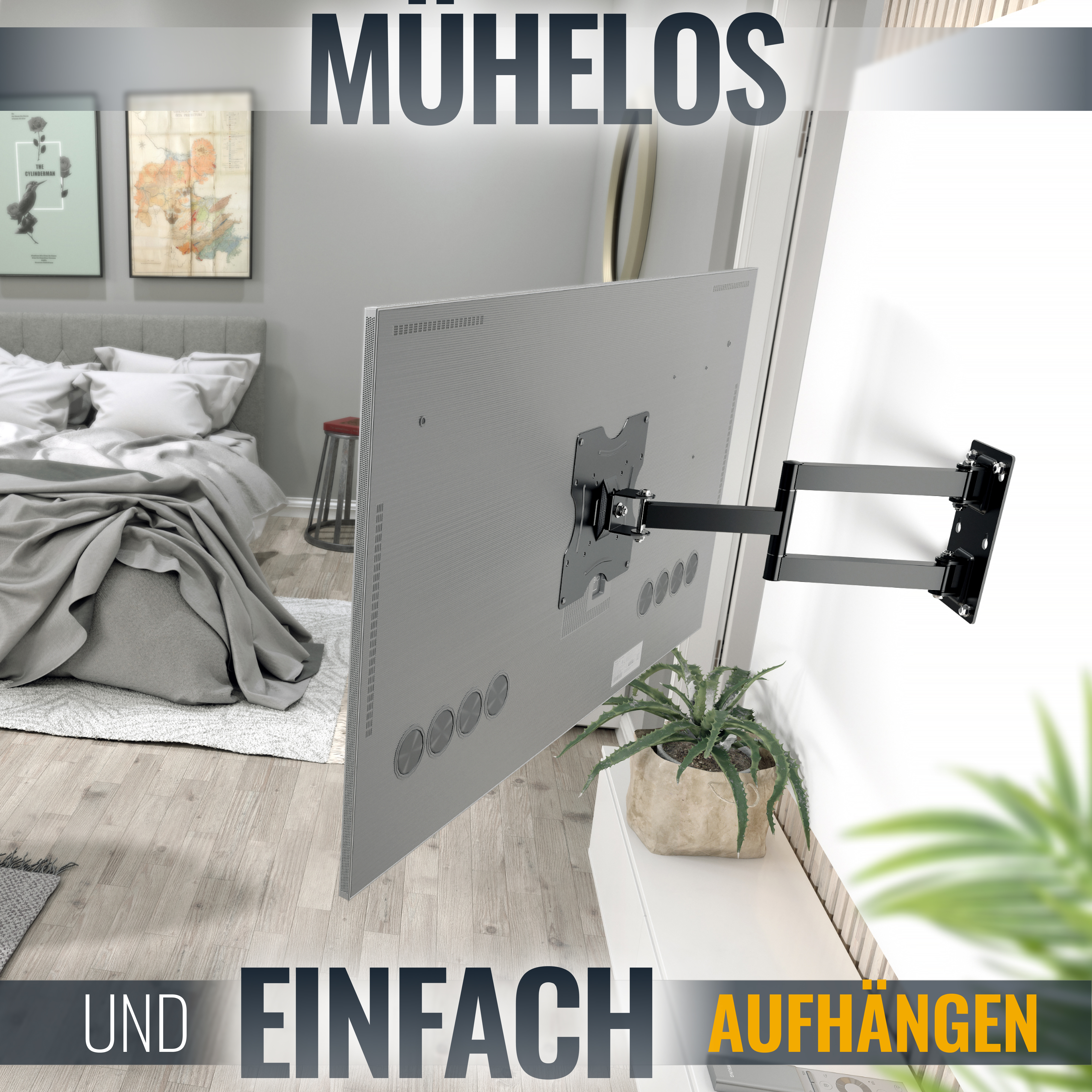 Fernseher an der Wand mit schwarzem Arm montiert. Das Zimmer hat ein Bett und ein Fenster mit Pflanze.