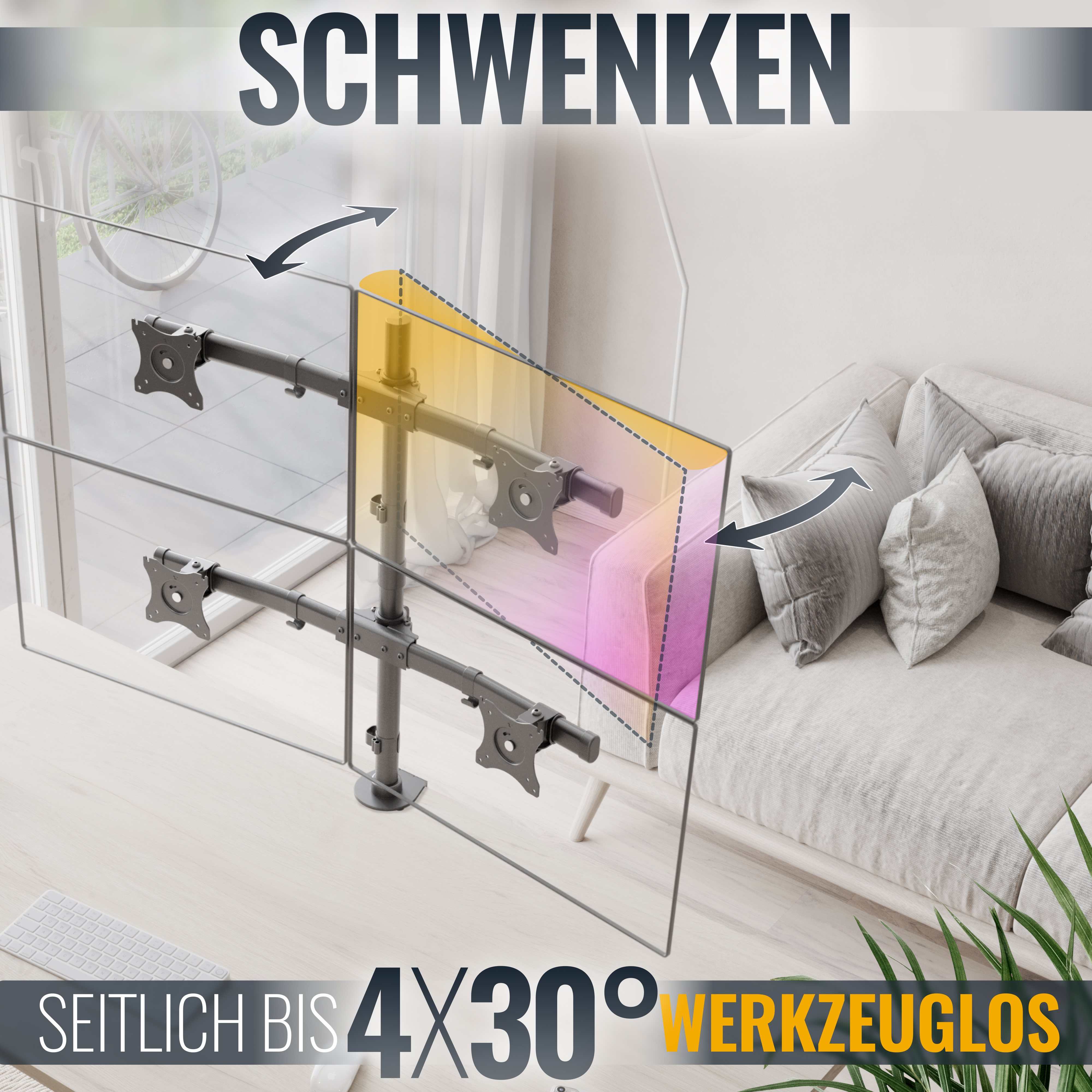 Ein Schreibtisch mit zwei Computer-Monitoren, die an einem Ständer montiert sind, mit Schwenkfunktion.