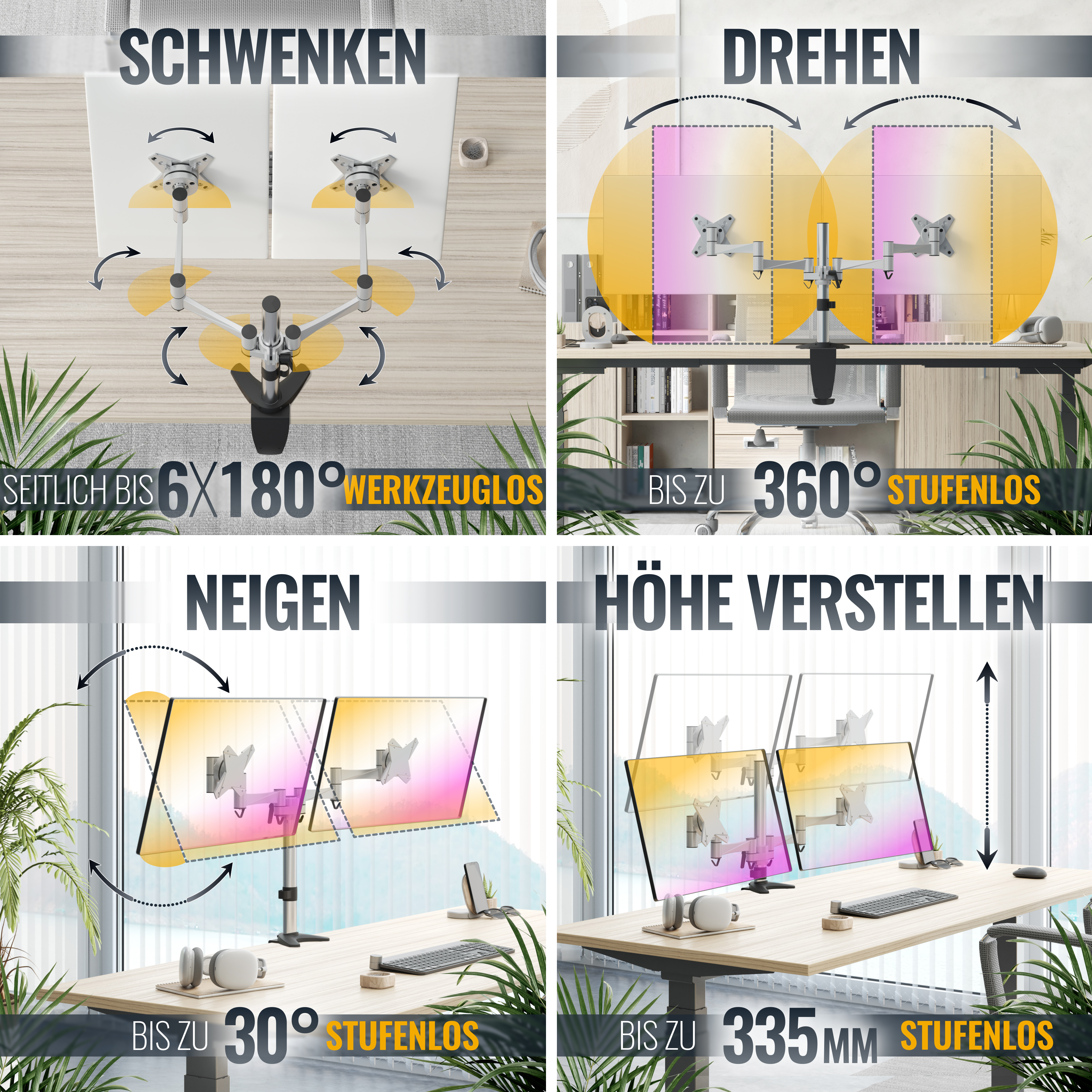 Diagramm, das die Einstellungen von Monitorarmen veranschaulicht: schwenken, drehen, neigen und Höhe.