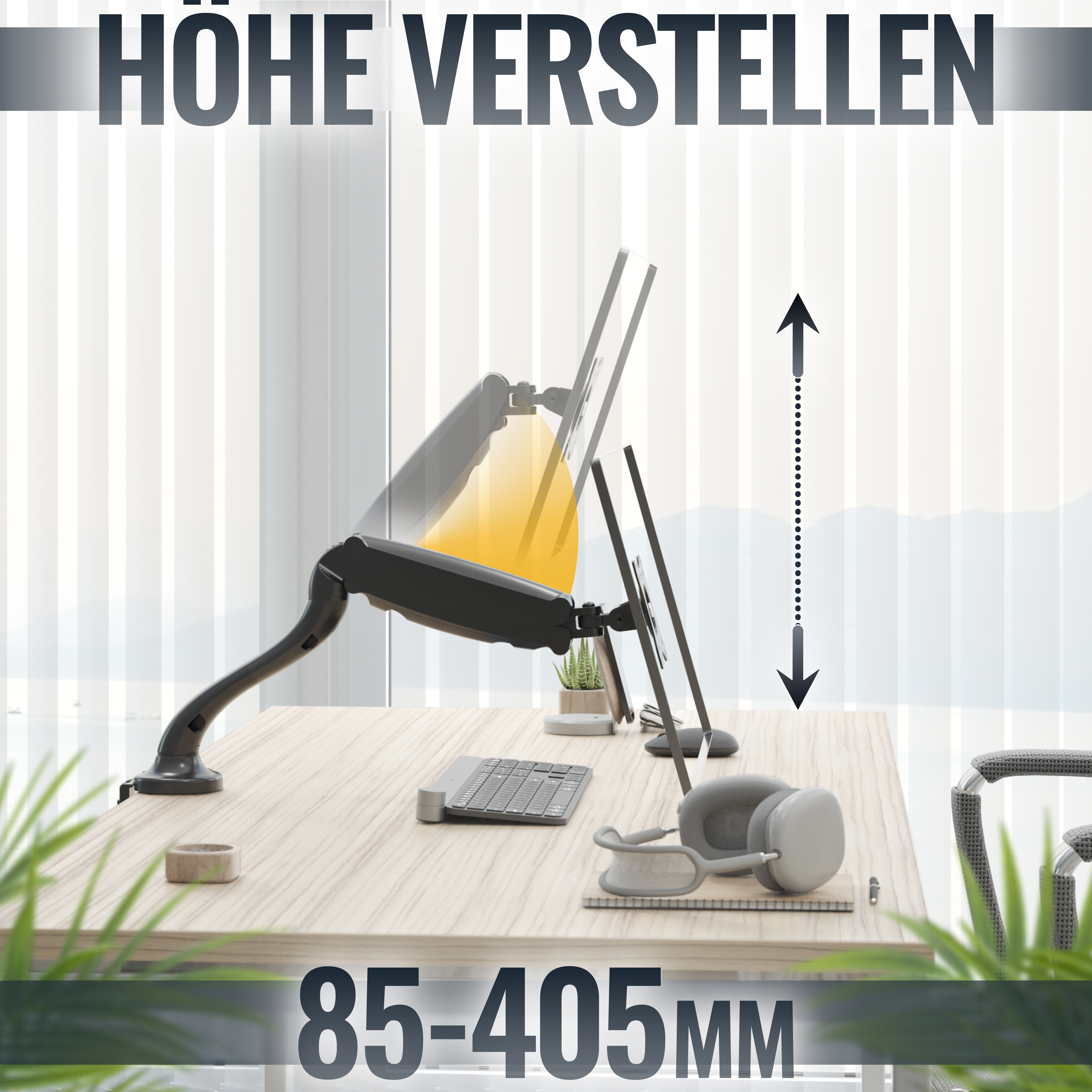 Ein Schreibtisch-Setup mit einem Monitorarm, der einen Monitor hält. Die Höhe ist verstellbar.