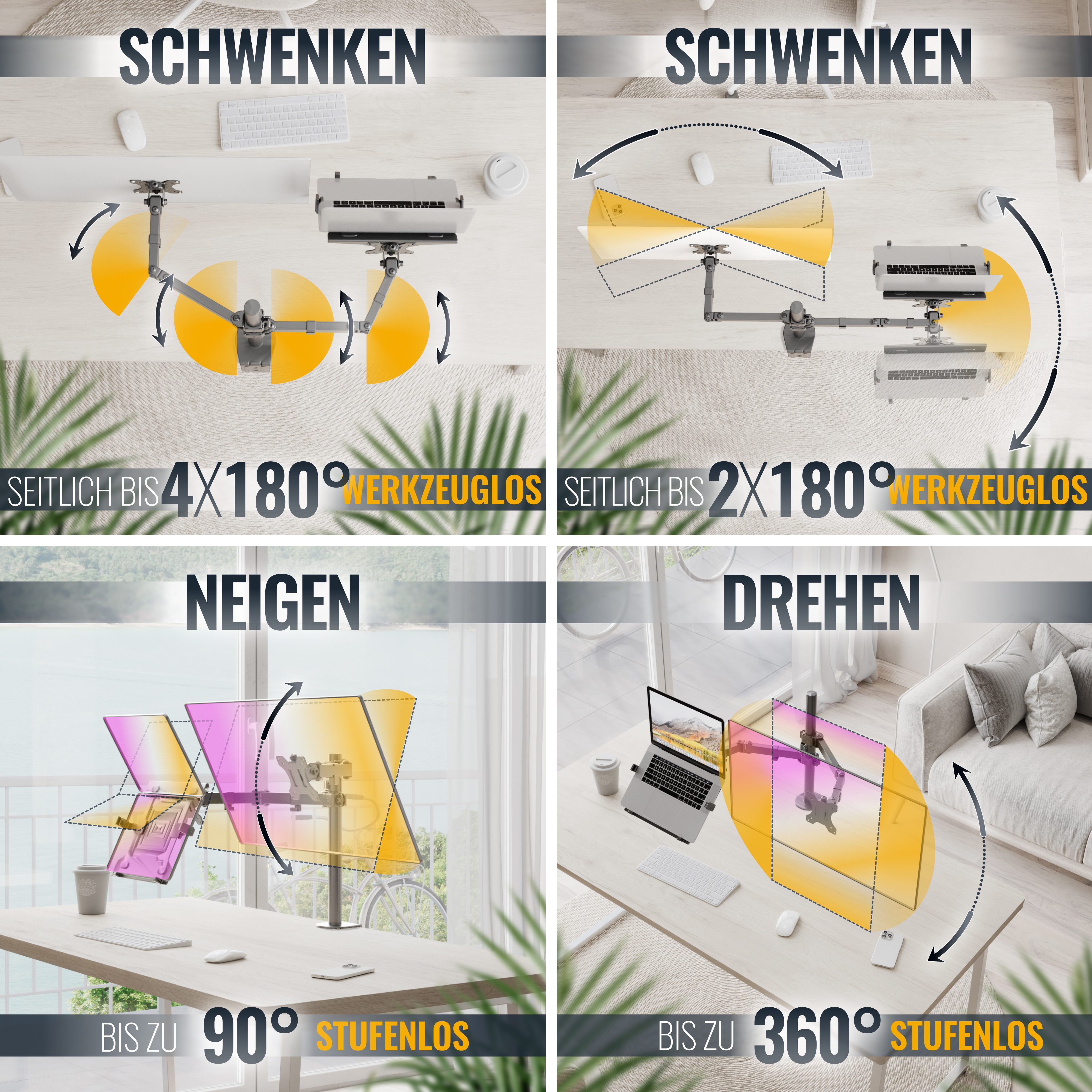 Diagramme, die die Bewegung von Monitorarmen zeigen. Die Arme können schwenken, neigen und drehen, mit Maßangaben.