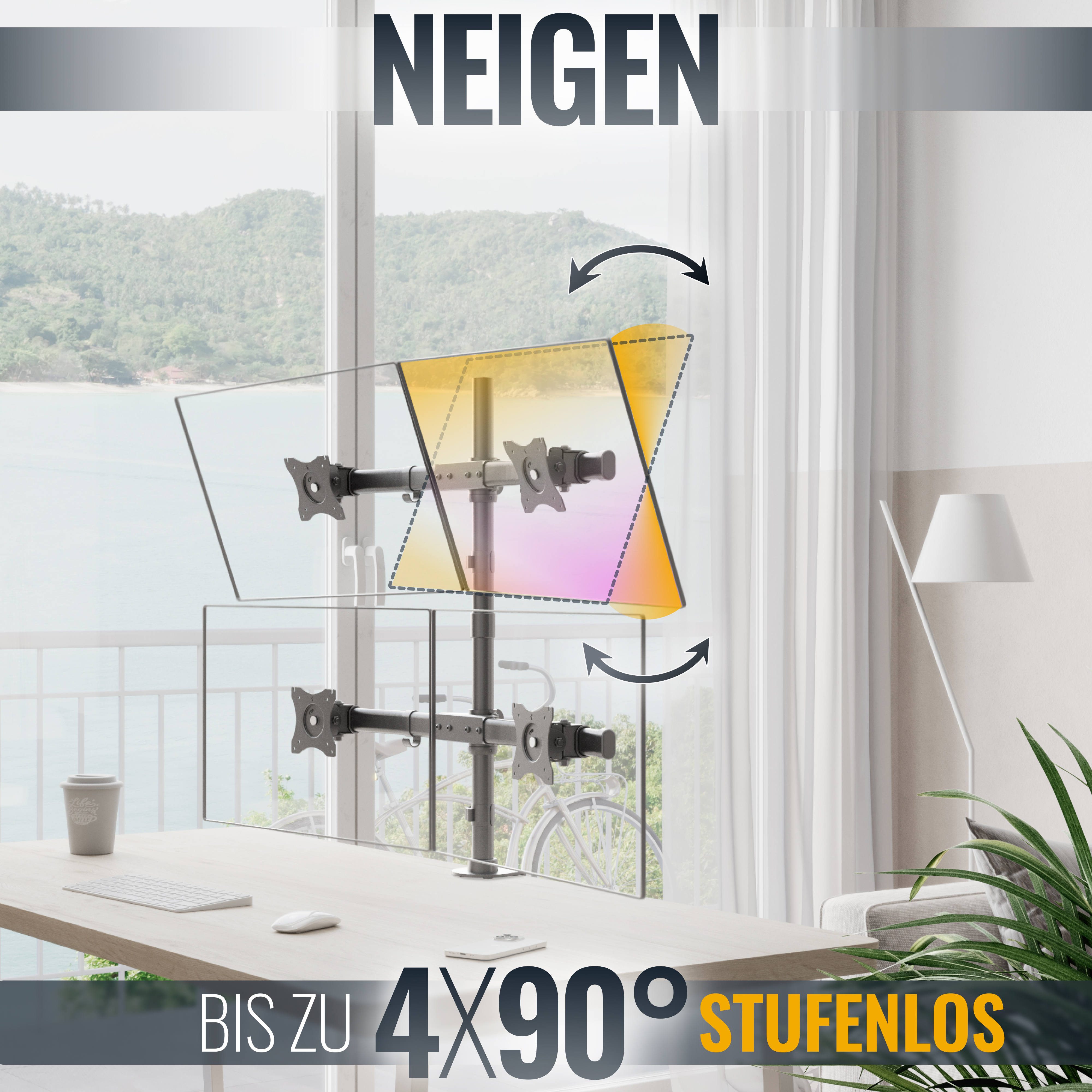 Büroszene mit Monitoren auf einem Ständer, Schreibtisch und einer Lampe. Die Monitore neigen sich.