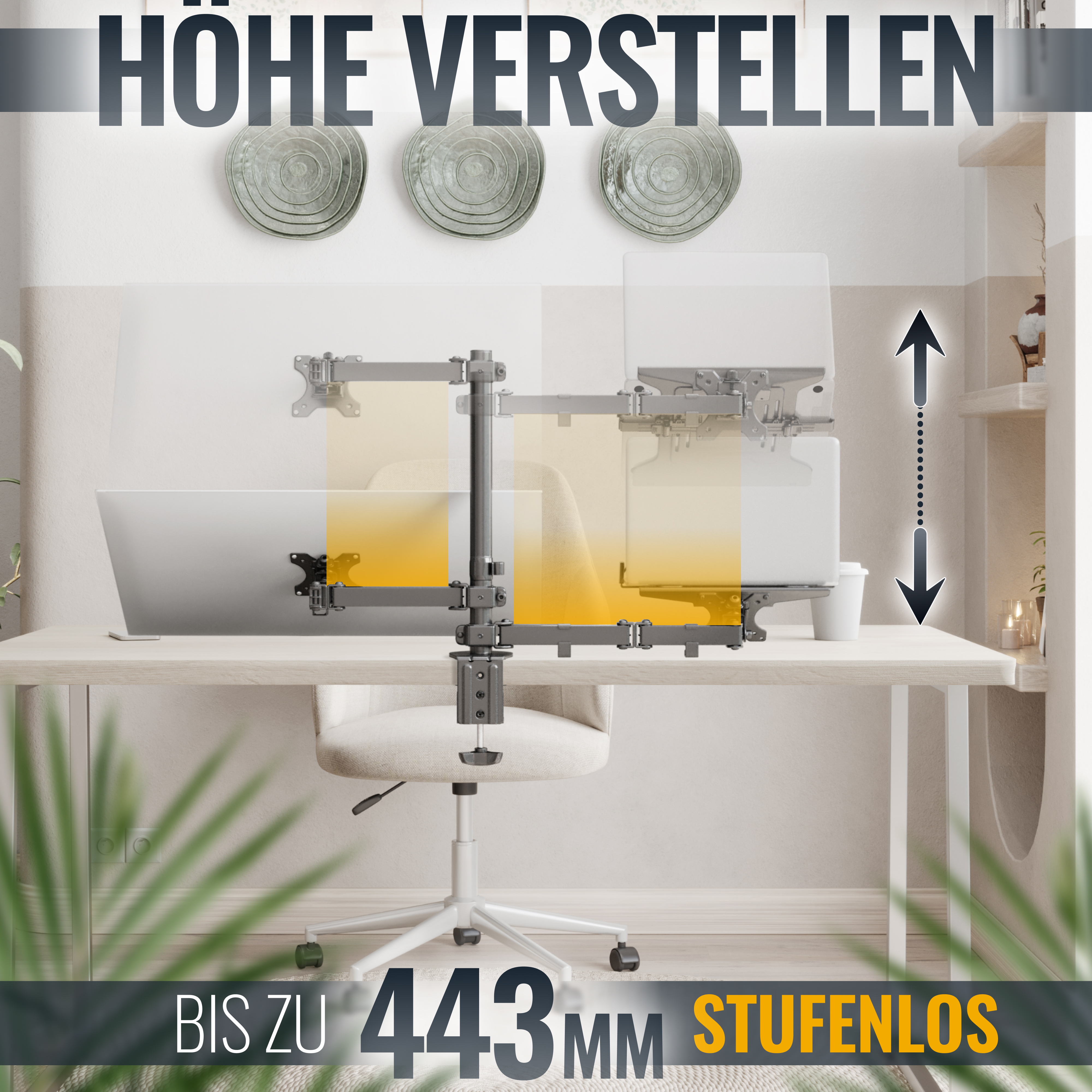 Einstellbarer Monitorarm am Schreibtisch, mit Text auf Deutsch.