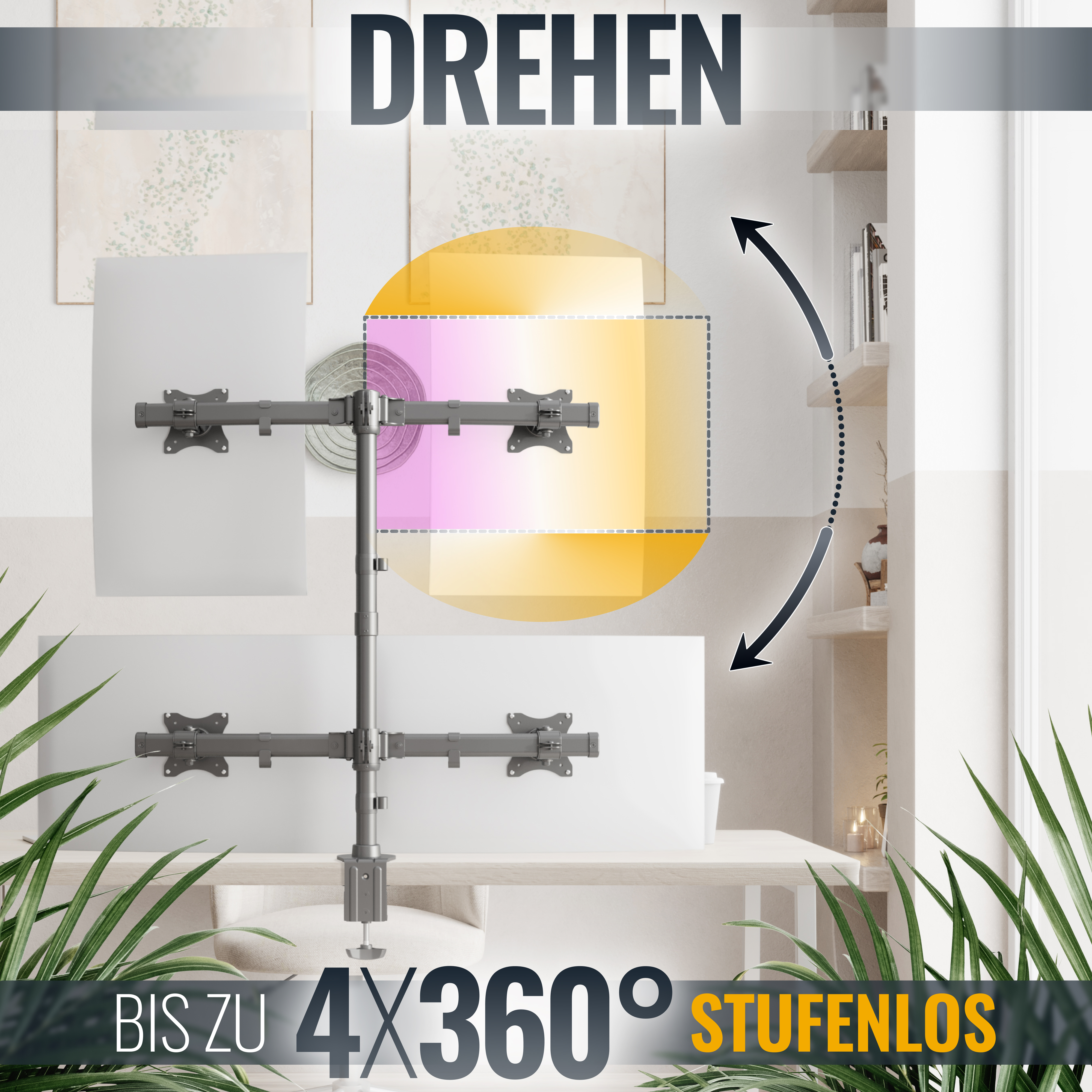 Monitorständer mit vier Bildschirmen und Text: Drehen und 4x360° stufenlos.