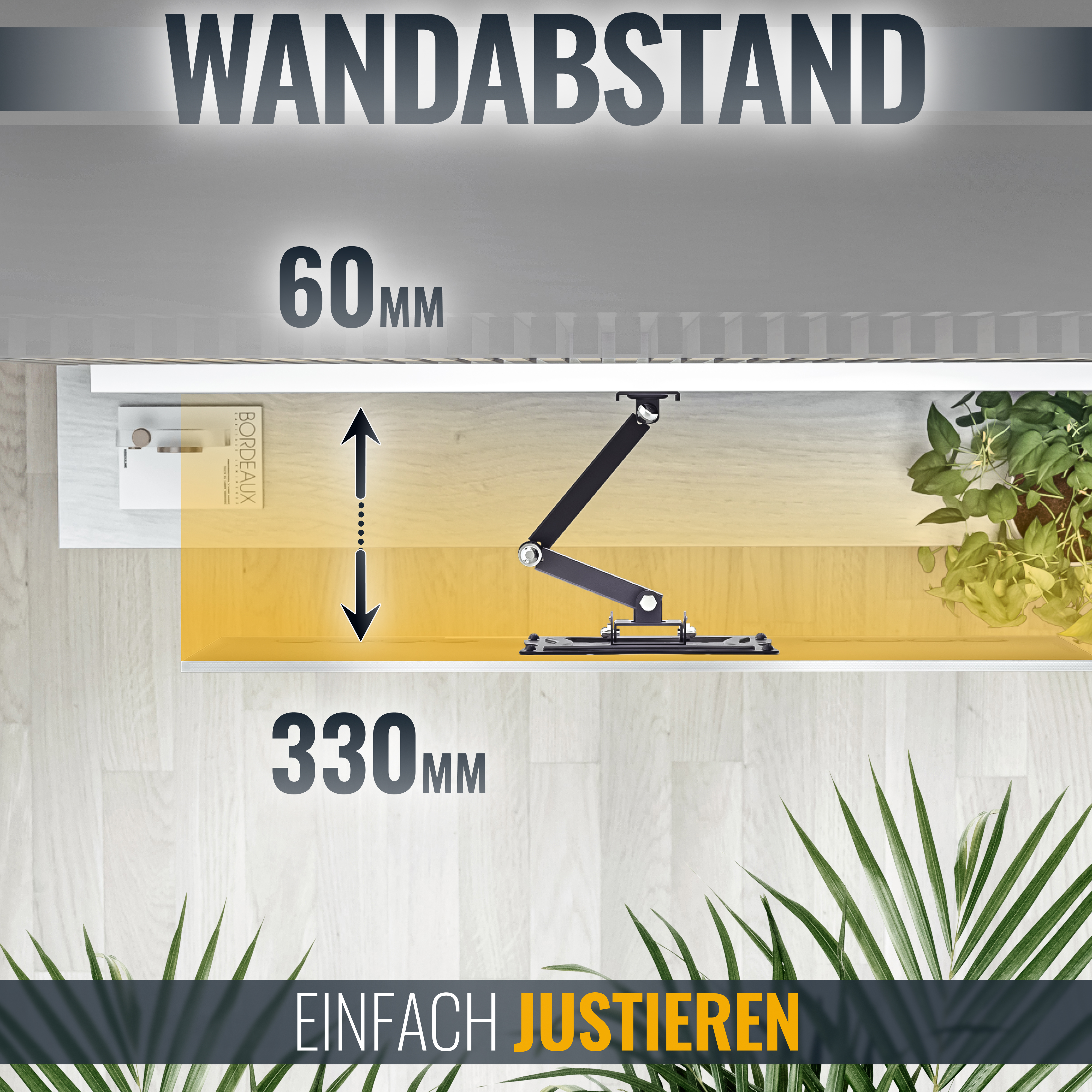 Grafik mit Wandabstand (60mm, 330mm) und Text 'Einfach Justieren'.