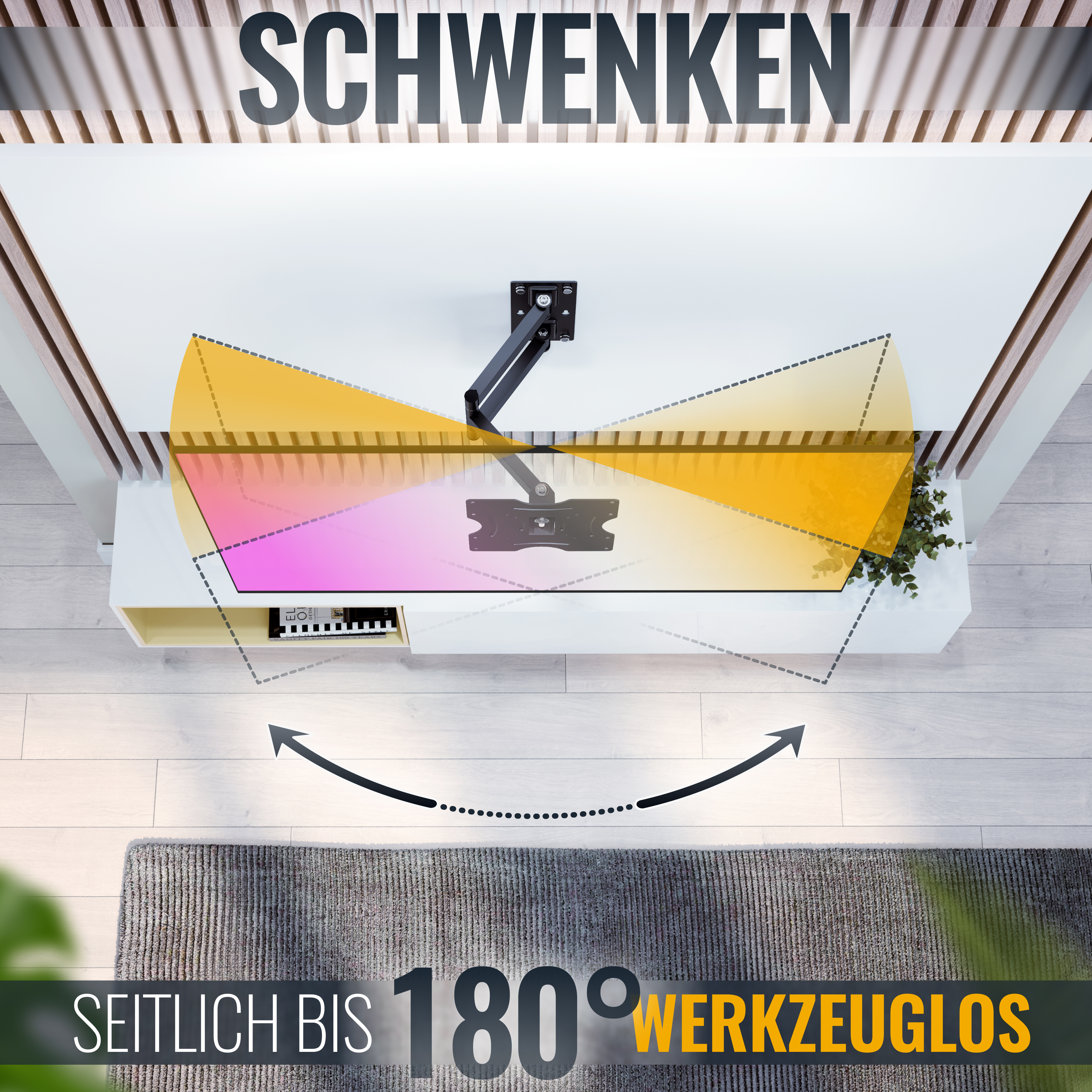 Monitorhalterung, Schwenkbereich zeigend. TV auf weißem Schrank mit grauem Teppich montiert.