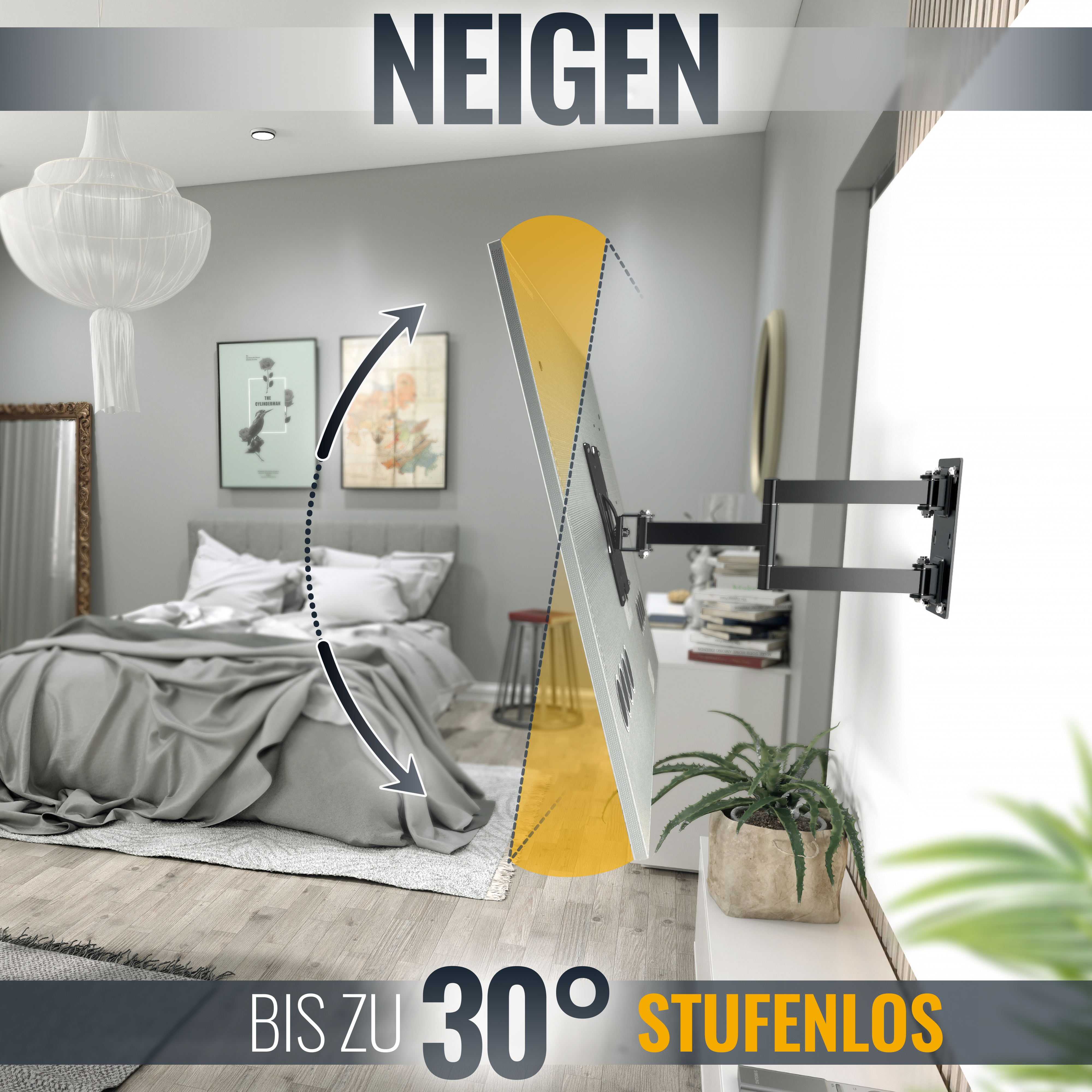 Ein Fernseher wird mit einer Halterung an einer Wand befestigt. Der Fernseher kann bis zu 30 Grad geneigt werden. Die Wand ist grau.
