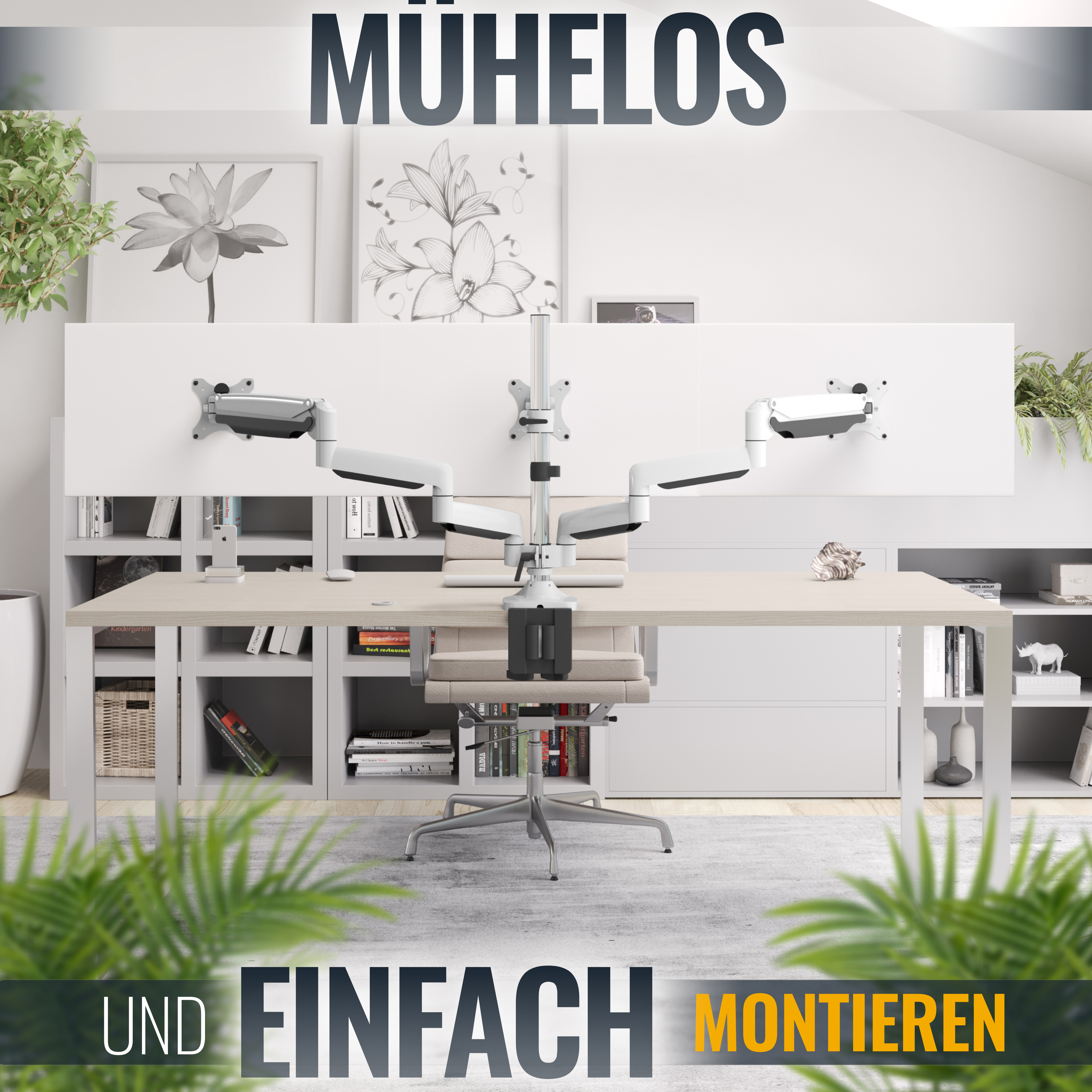 Ein Schreibtisch mit zwei darüber montierten Monitoren, die eine einfache Installation bewerben.