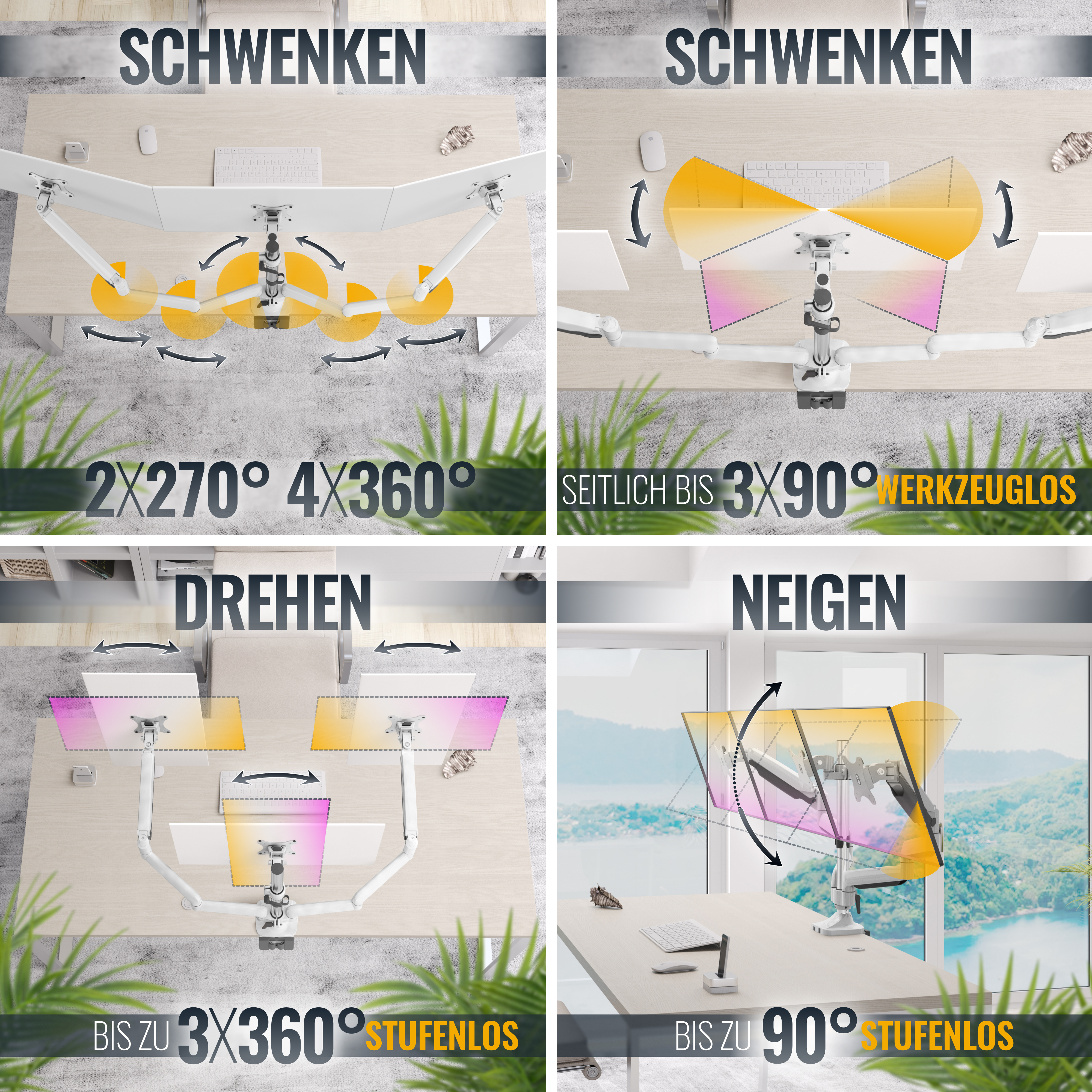 Diagramme, die Monitor-Einstellungsoptionen zeigen. Pfeile und Anweisungen sind enthalten.