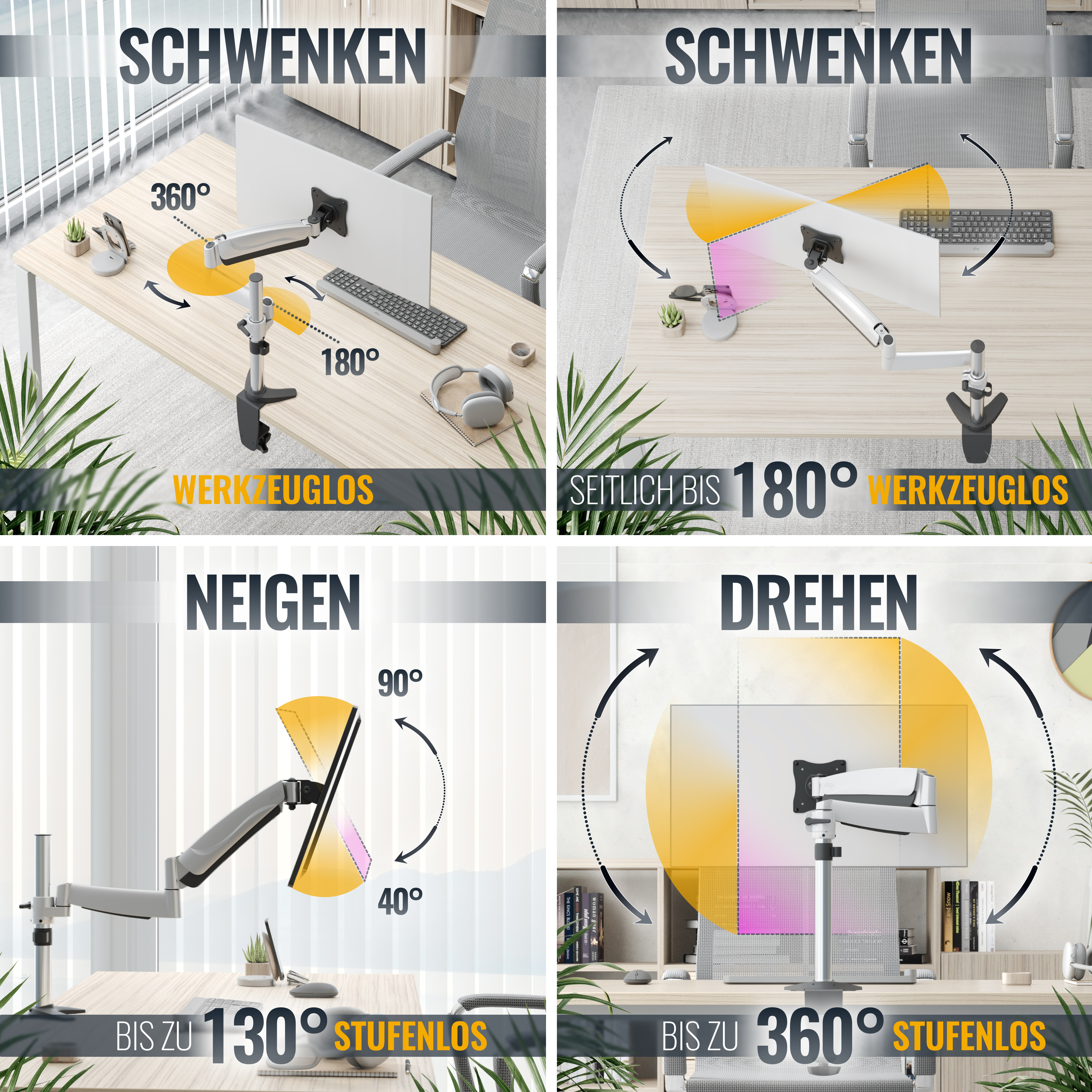 Anweisungen für Monitorarme, mit Schwenk-, Neige- und Drehfunktionen. Diagramme.