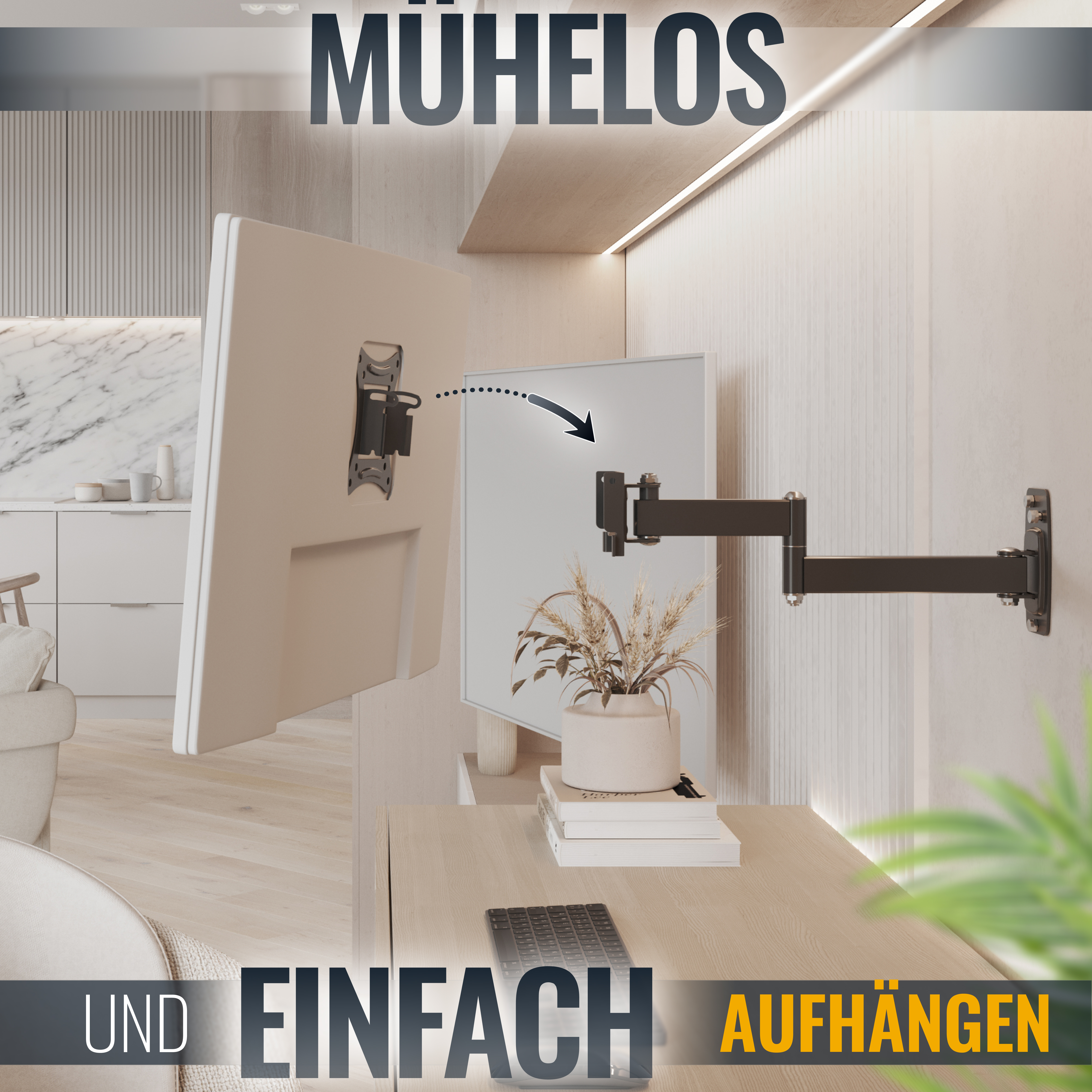 Ein modernes Wohnzimmer mit einem Fernseher an der Wand, weißen Wänden und einem Holztisch mit einer Pflanze.