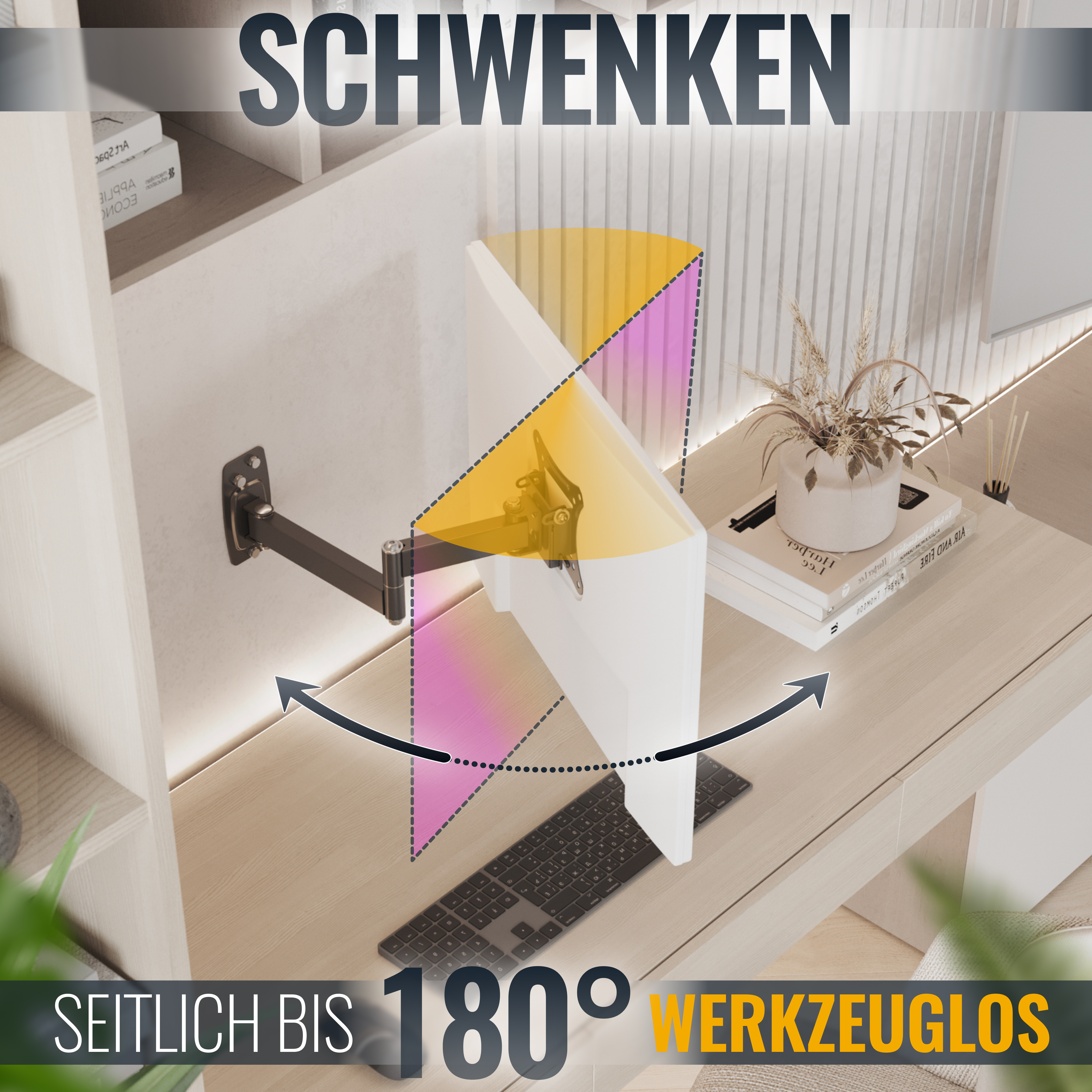Monitorarm, der horizontal geschwenkt werden kann. Gelbe und pinkfarbene Akzente.