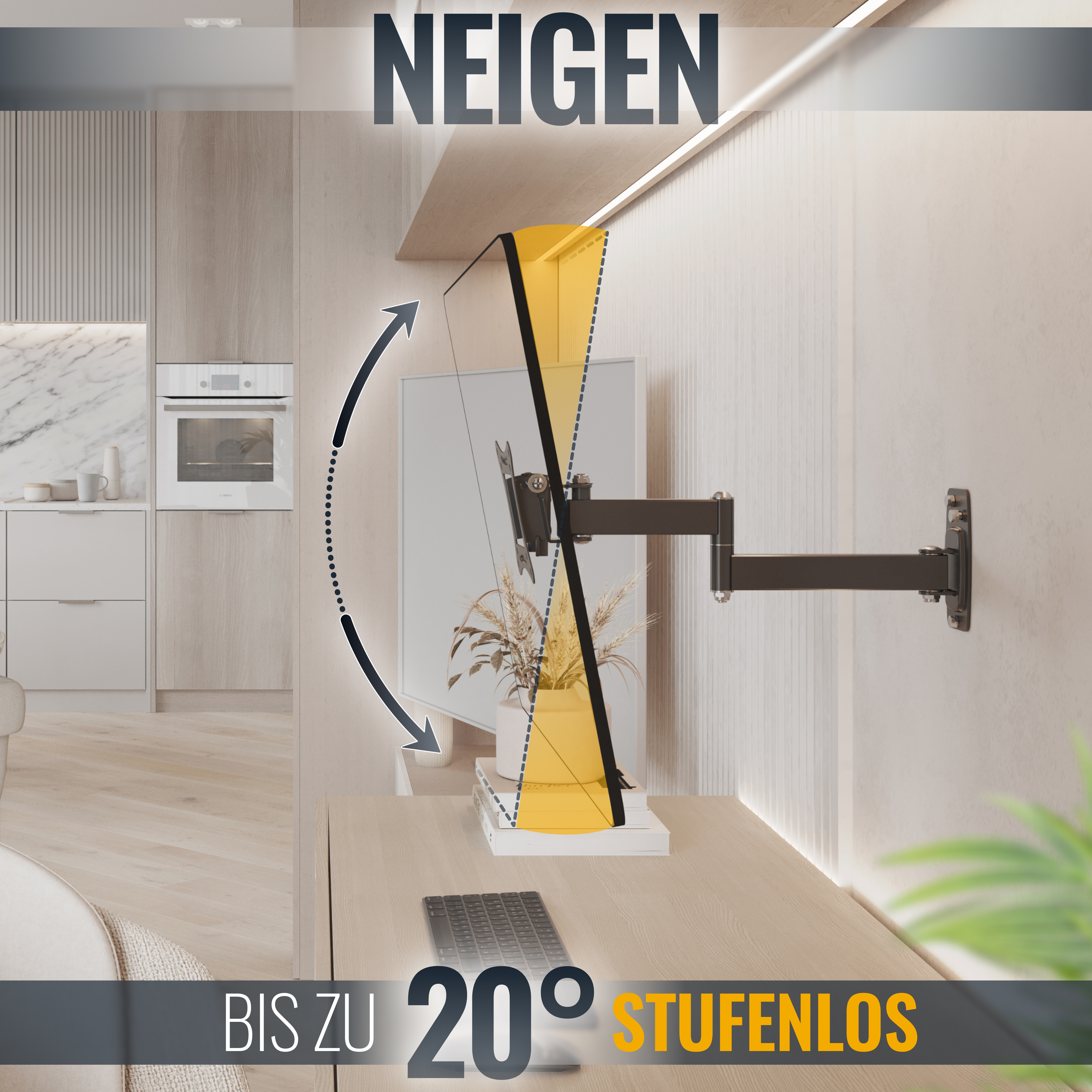 TV-Wandhalterung. Schwarze Halterung mit TV. Pfeile zeigen Bewegung. Text: NEIGEN, BIS ZU 20° STUFENLOS.