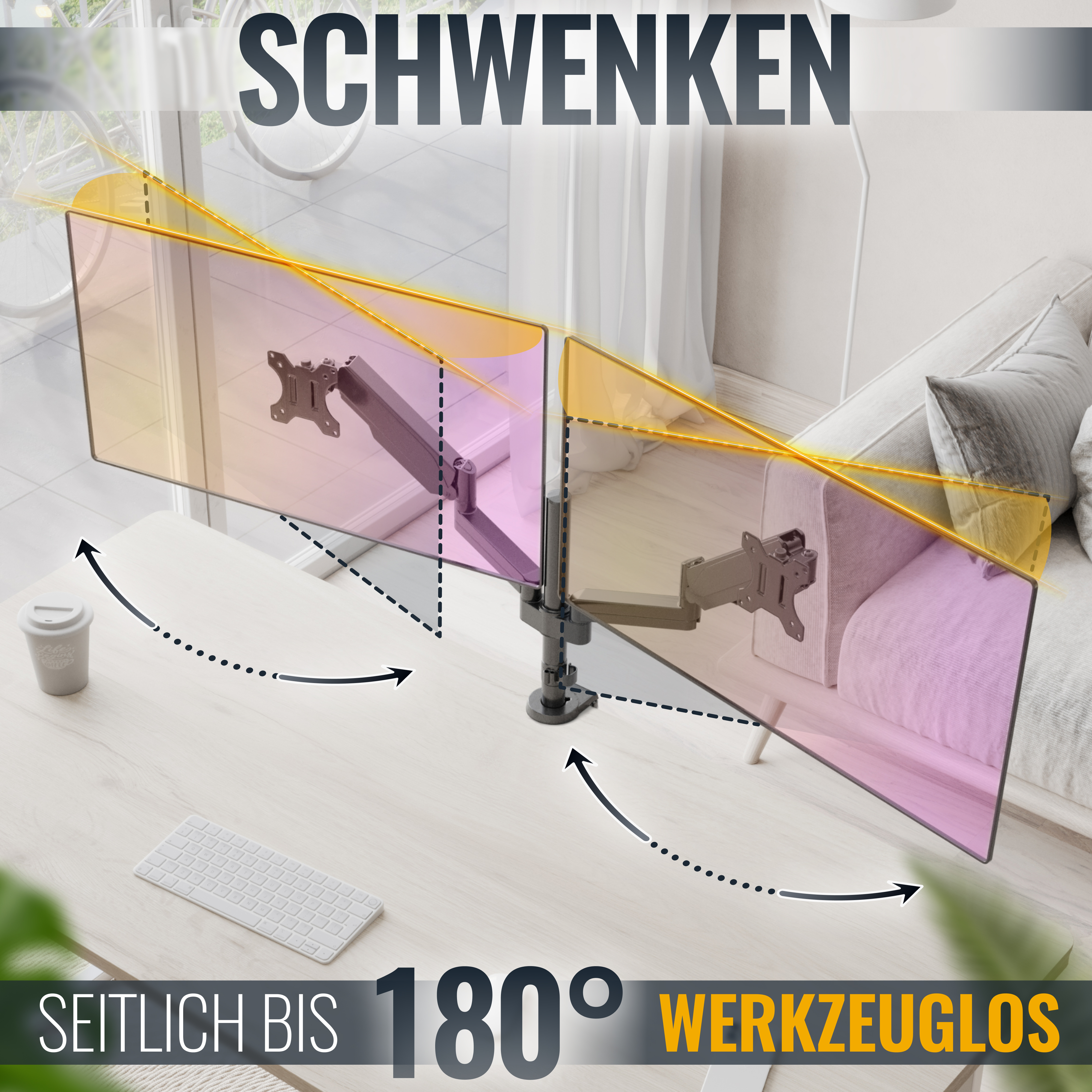 Doppel-Monitorarm auf einem Schreibtisch, Monitore in verschiedenen Winkeln. Text sagt 180 Grad, werkzeuglos.
