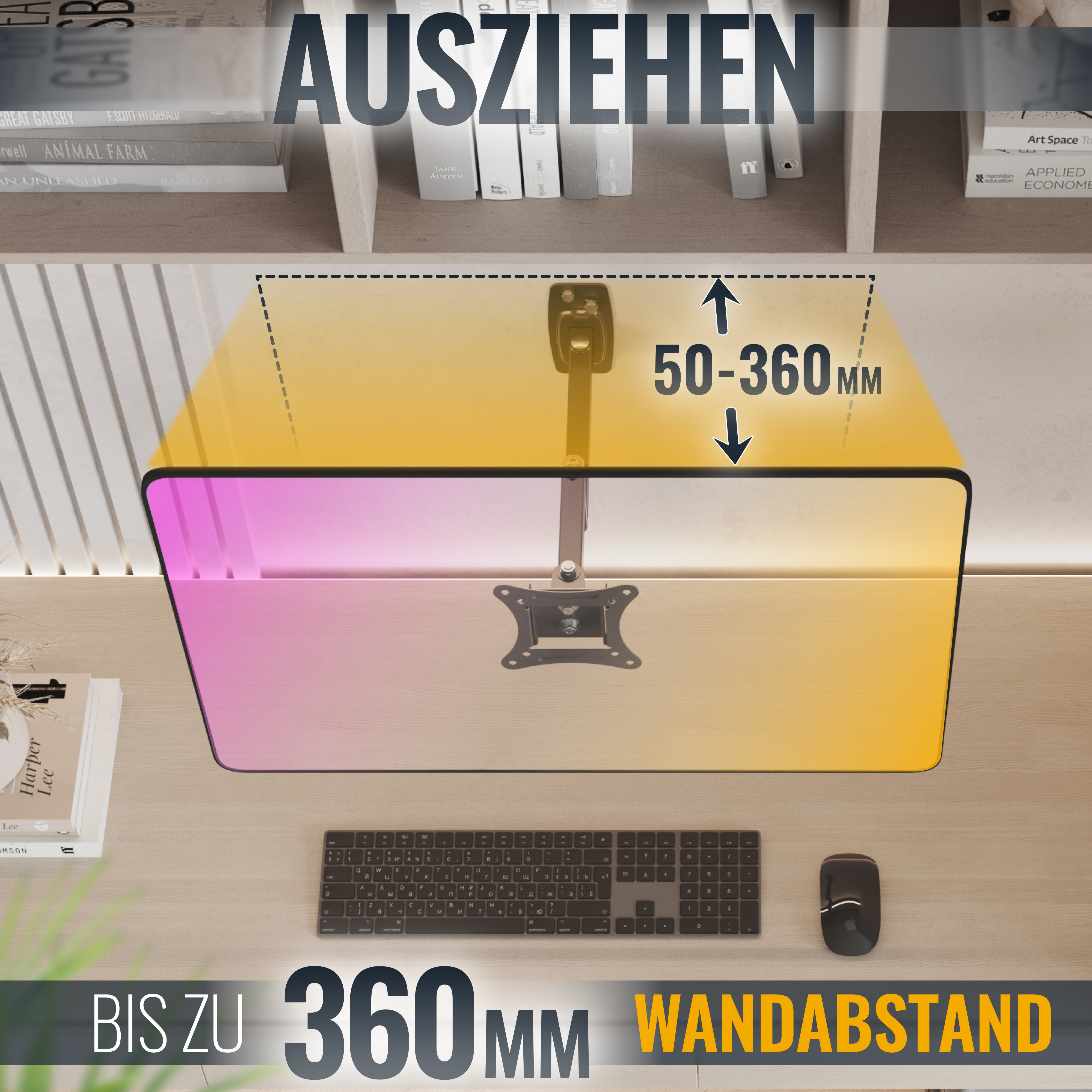Monitorarm über dem Schreibtisch, mit Monitor und Tastatur, Messungen werden gezeigt.