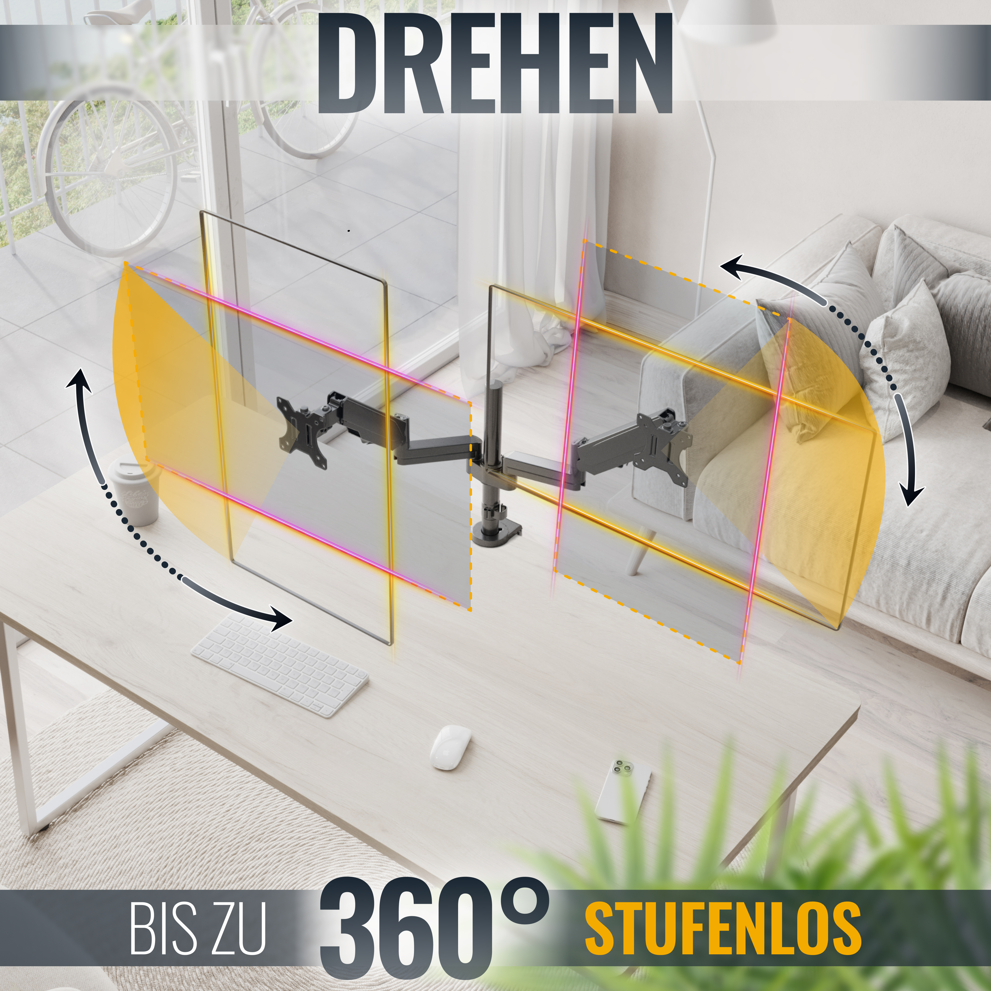 Ein Monitorarm mit Pfeilen, die Bewegung zeigen. Text: 360° und Drehen.