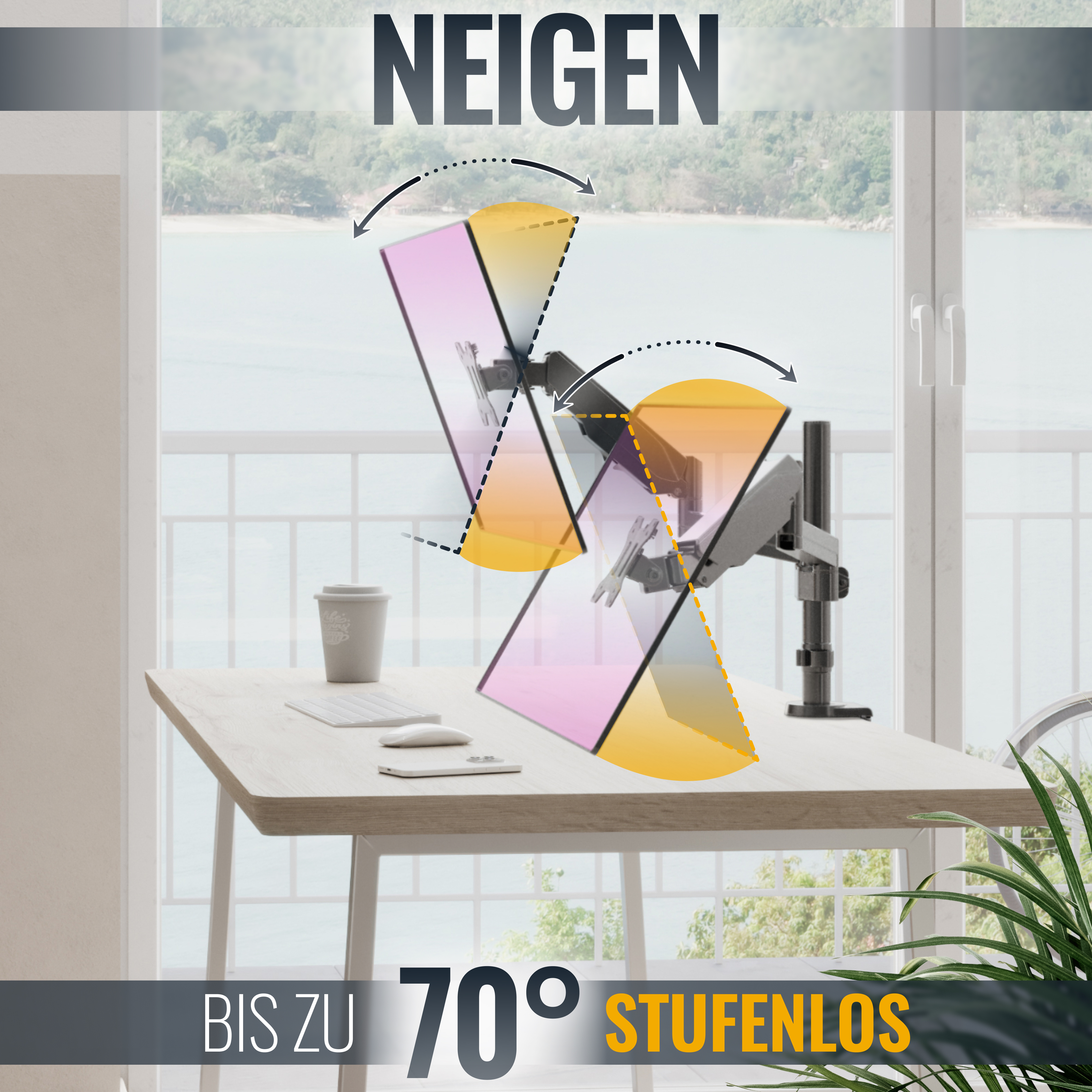 Zwei Monitore, die sich auf einem Schreibtisch neigen, mit Text 'NEIGEN' und '70°'.